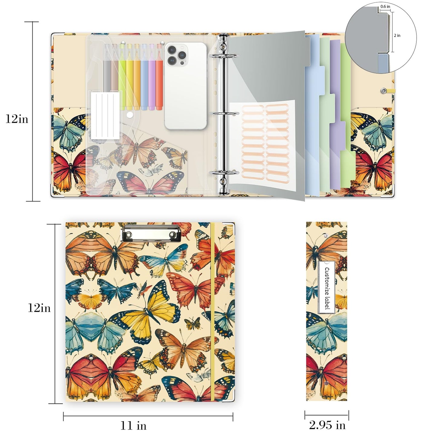3 Ring Binder 2 Inch for 8.5"x11" Paper, Three Ring Binders with Clipboard, 5 Dividers with Tabs and Pockets, Decorative Binder with Pen Holder,Butterfly