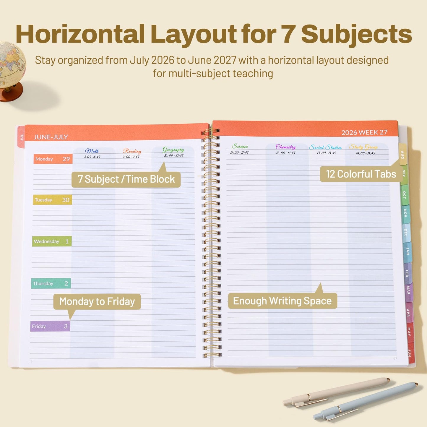 SUNEE Teacher Planner 2026-2027 Academic Year, 7 Periods Lesson Plan Book Jul 2026 - Jun 2027, 8.5"x11"Daily Weekly Monthly Organizers Horizontal Layout with Calendars, Bookmark, Tabs, Pastel Bubbles
