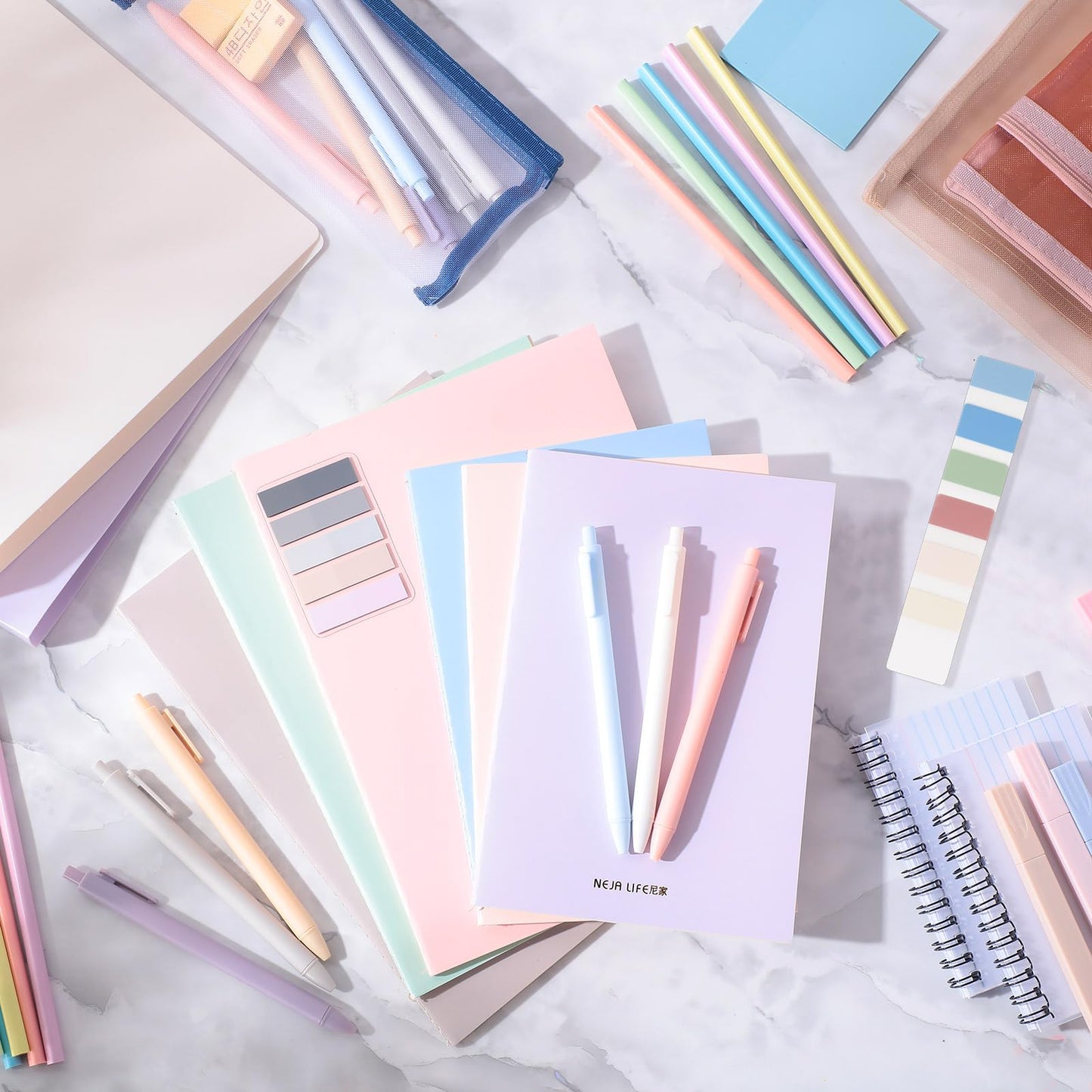 Colarr 54 Pcs Cute Notebook Stationery Set for Women, Bible Study Supplies, 6 Lined Notebooks, 36 Pens, Sticky Notes & Tabs, Bags & Folders for Work Journal Study College Office Supply(Macaron Color)