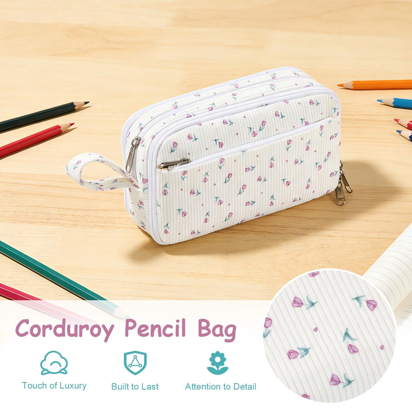 BuyCard Big Capacity Pencil Case, Corduroy Fabric, White with Purple Floral Pattern, Pencil Bag with Zipper Closure, Graduation Gift Office Stationery Storage Pen Pouch