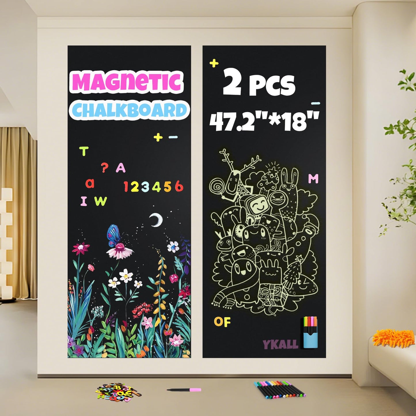 Ykall Magnetic Chalkboard Contact Paper for Wall, 47.2" x 18" 2 Pcs Self-Adhesive Blackboard Wallpaper Peel and Stick Wall with 93 Pcs Kit for Kids, Magnet Wall Sheet with Kit for Home Playroom