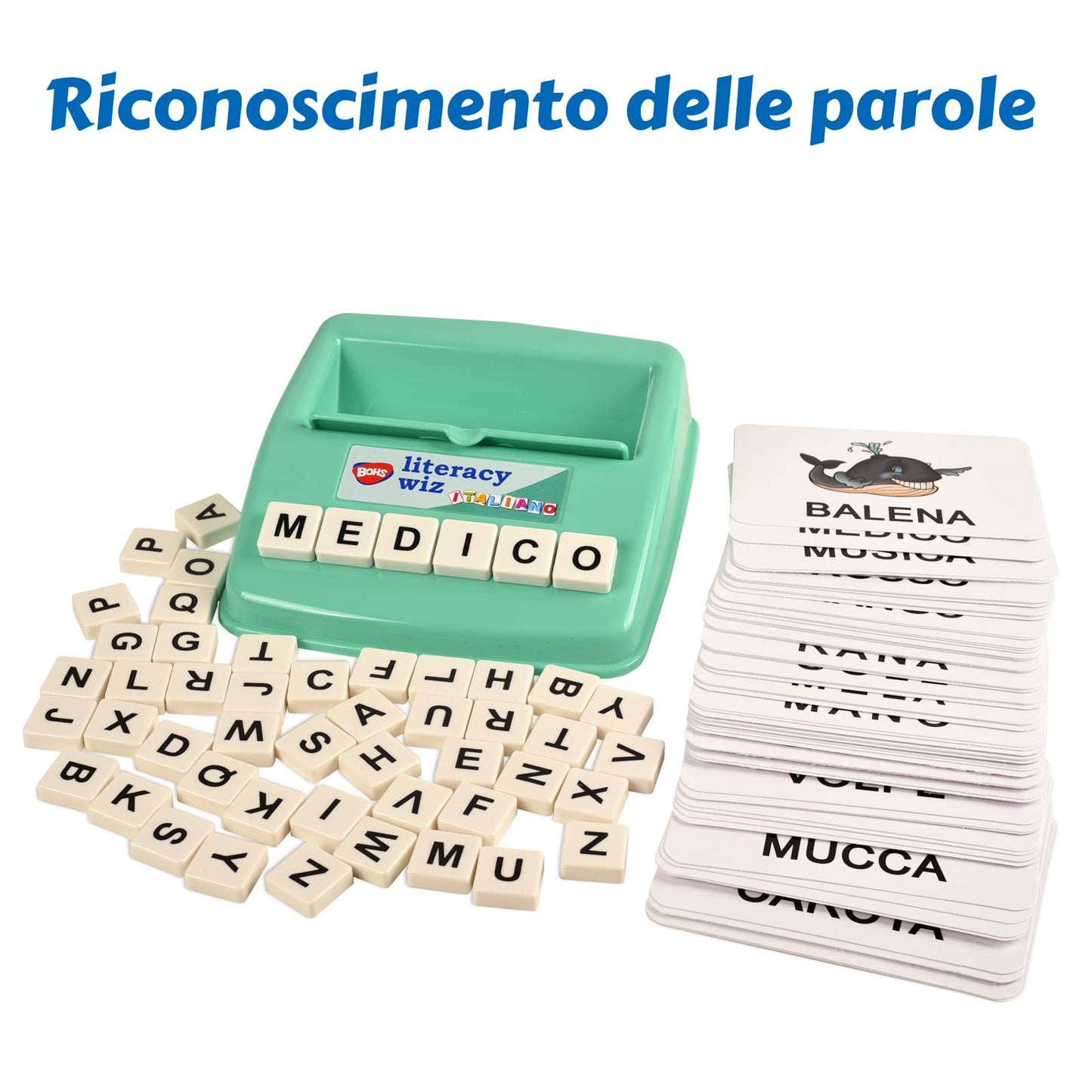 BOHS Italian Literacy Wiz Fun Game - See and Hide Spelling - 60 Flash Cards - Preschool Language Learning Educational Toys