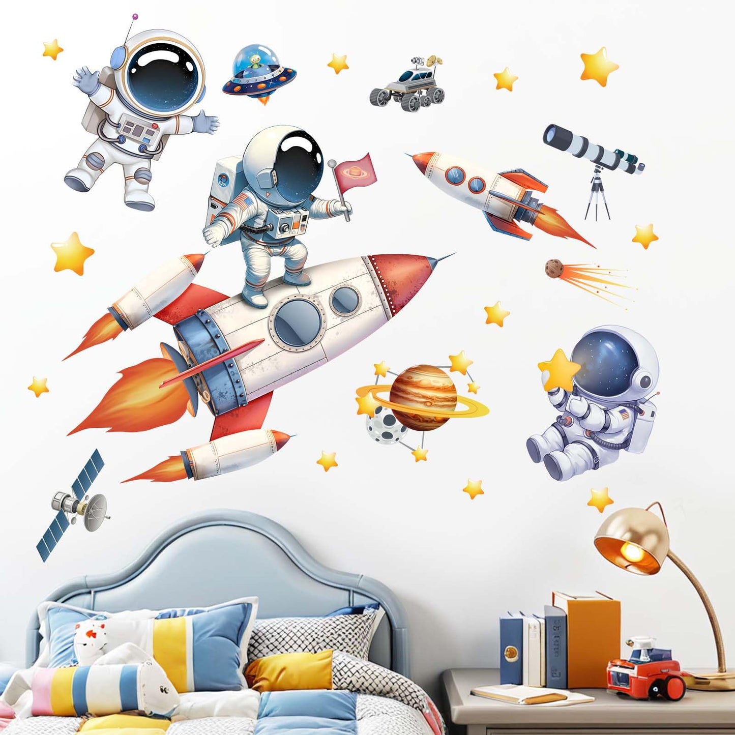 Amimagen Astronaut Wall Decals - Outer Space Planets Rocket Boys Wall Stickers - Baby Nursery Kids Room Daycare Playroom Wall Decor