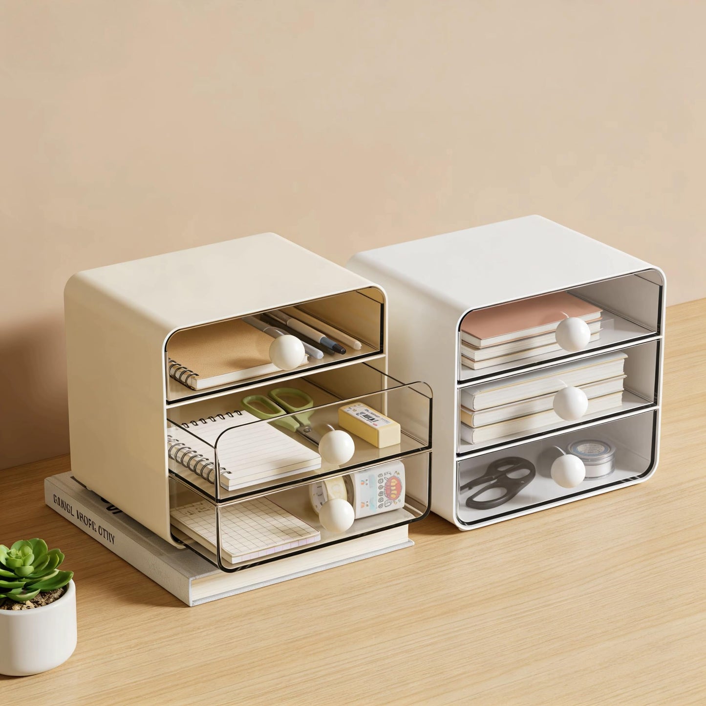 Aitoubil Desk Organizer with 3 Drawers,Plastic Desktop Storage Box for School,Home,Office Supplies,Makeup,Kitchen,Pencils,Chargers,Letter (Cream)