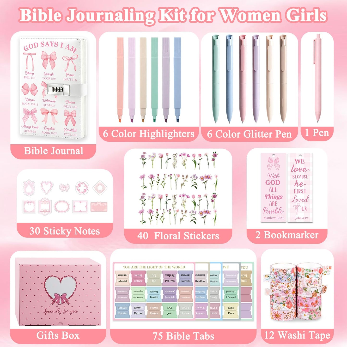 Bible Journaling Kit for Women Teen Girls, 102PCS Bible Study Supplies, Christian Gifts for Women, Bible Journal with Lock, No Bleed Highlighters, Bible Tabs, Stickers, Bible Study Kit Prayer Journal