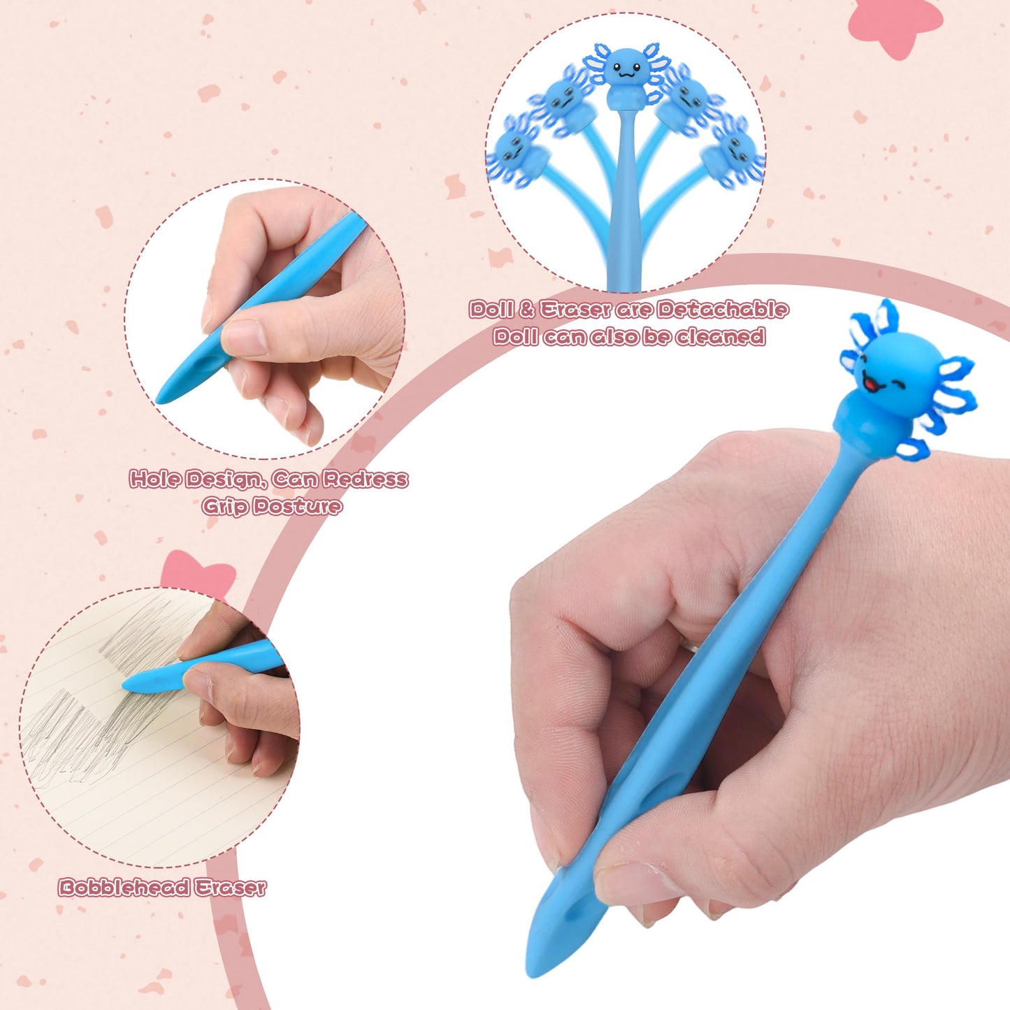 48 Pcs Cute Axolotl Bobblehead Eraser for Pencils Kawaii Erasers Cute School Supplies Fun Cartoon Erasers Back to School Supplies Birthday Classroom Gifts