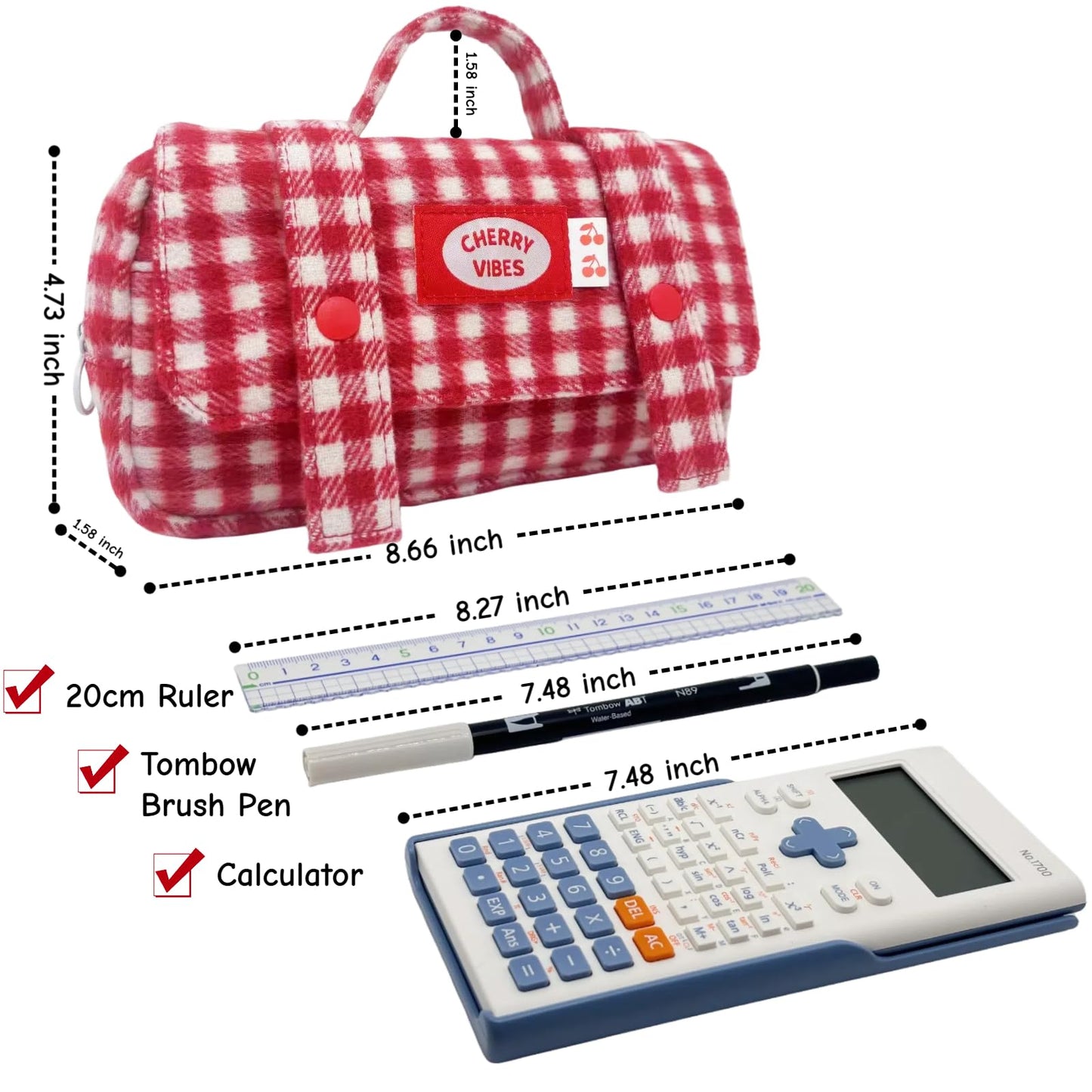 Haumei Cute Checkered Pencil Case, Red White Plaid, Large Capacity Gingham Pattern Pen Bag with Handle, Big Stationery Organizer, Multi-Use Storage Pouch, 8.7x1.6x4.7 Inches, Red