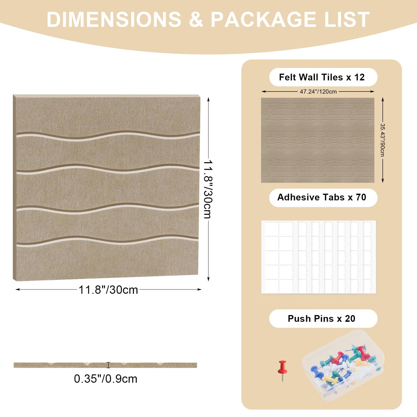 AKONEGE Felt Bulletin Board Tiles 12 Pack, 48" x 36" Cork Board Alternative, DIY Pin Board Wall Tiles for Photo Wall, Vision Board, Room & Home Office Decor, Stick-On with Adhesive Tabs, Deep Camel