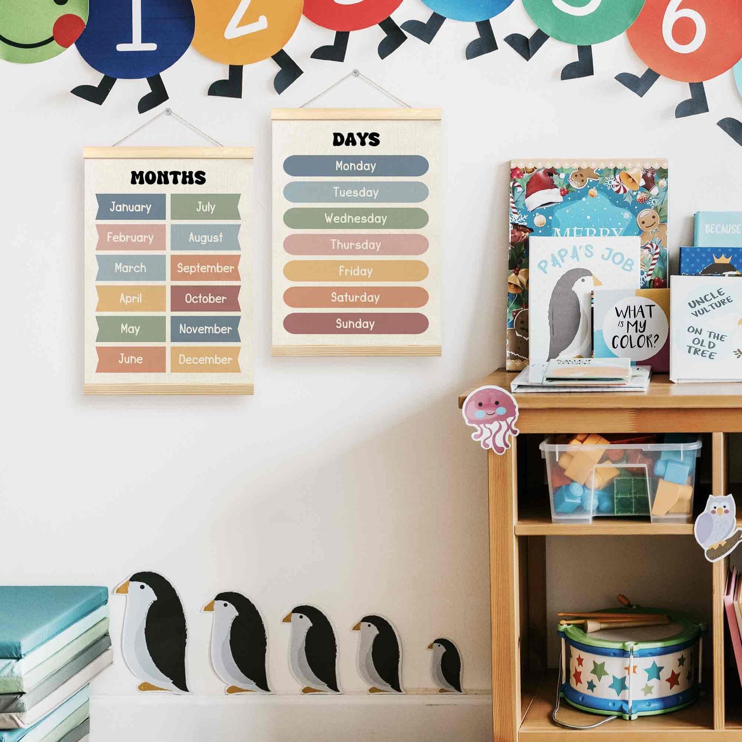 TLESKE Months of the Year Days of the Week Chart Poster Hanger Frame for Toddler Kid Classroom Set of 2, Homeschool Hanging Wall Art for Nursery Playroom, Preschool Learning Educational Poster, 12x16