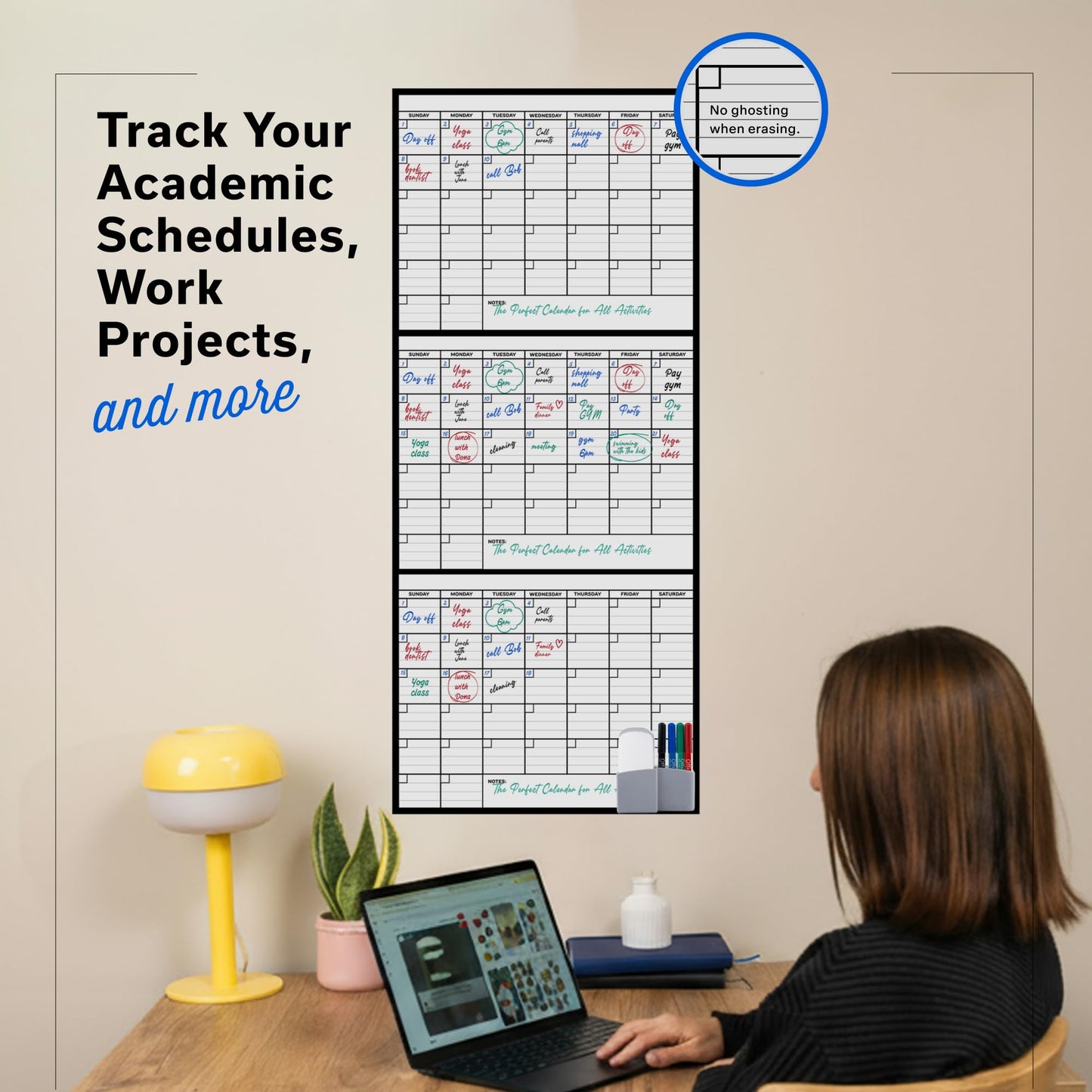 3 Month Dry Erase Calendar for Wall 40x17, Large Three Monthly Reusable Planner, Big Dry Office Erase, Rolled Whiteboard White Board, Classroom Calendar Undated Giant for Wall Erasable Family