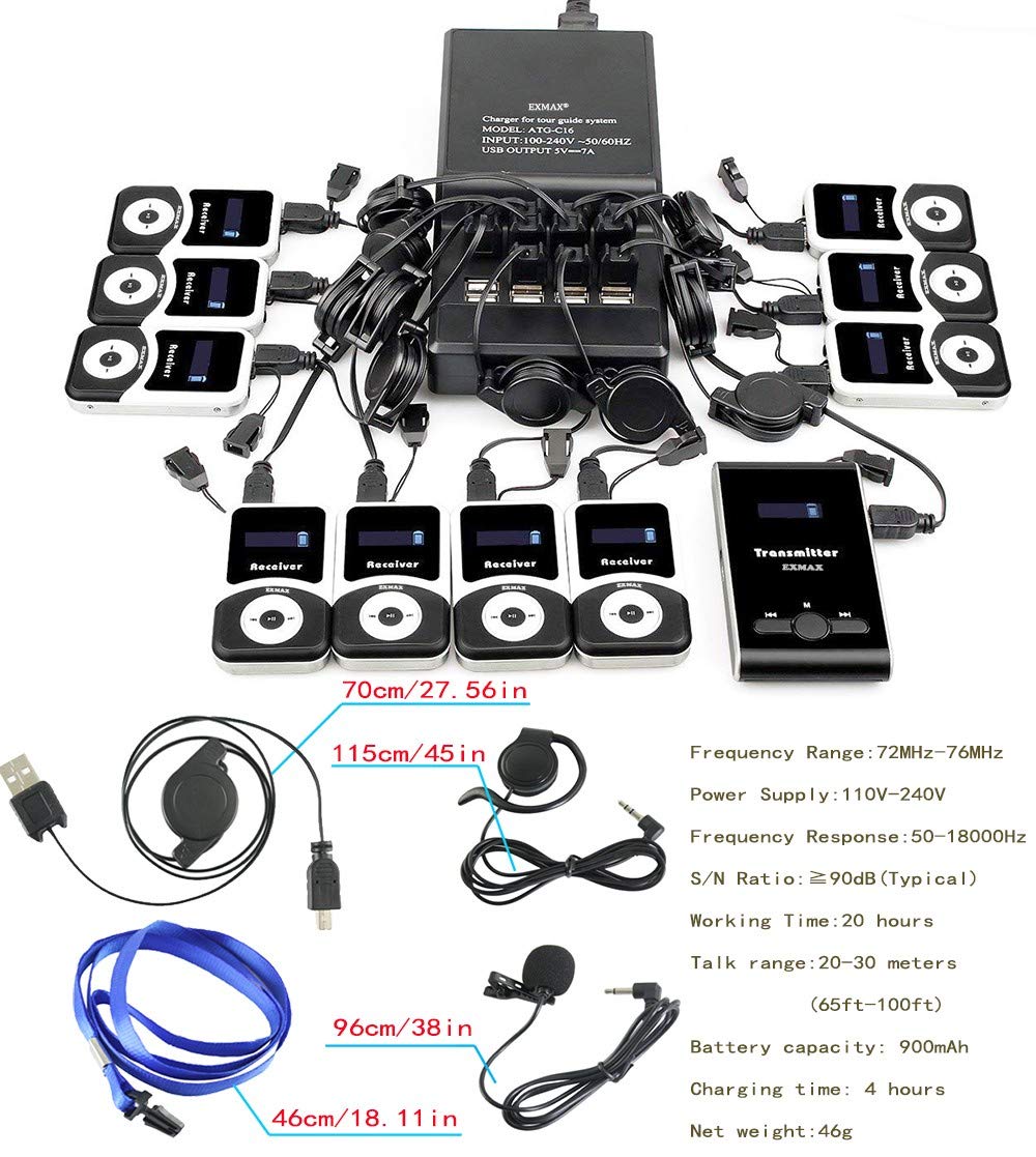 EXMAX® EX-100 Wireless Tour Guide System Translator Device for Courtroom Church Translation Simultaneous Language Interpretation City Tour Travel (1 Transmitter 8 Receivers 16-port Charging Station)