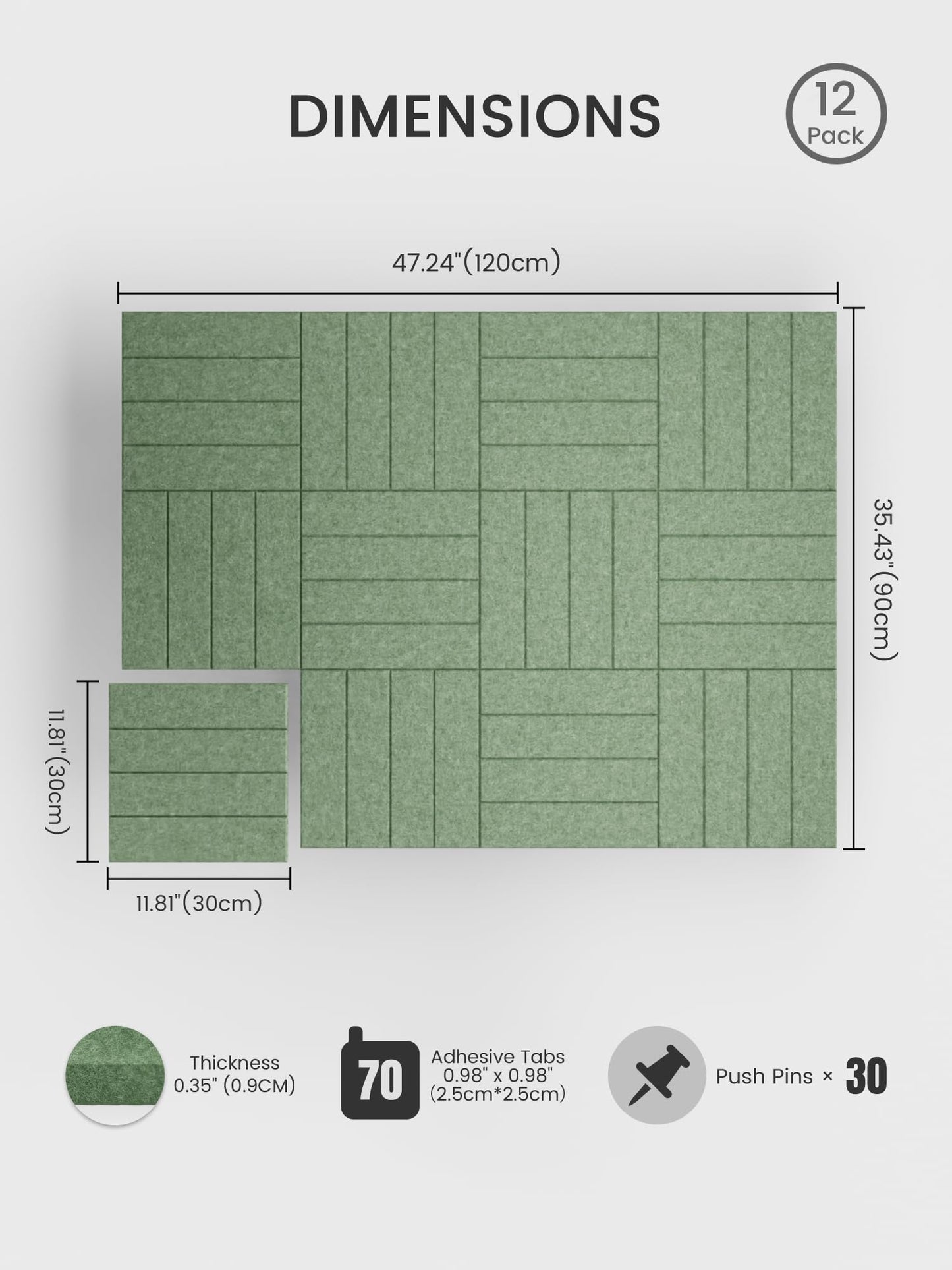 Bumusty Large Cork Board Alternative-48 x 36" Felt Bulletin Board Tiles, with 30 Pushpins, 70 Adhesive Tabs, Bold-Stripe 12-Pack, Cork Boards for Office Push Pin Board Felt Board-Moss Green