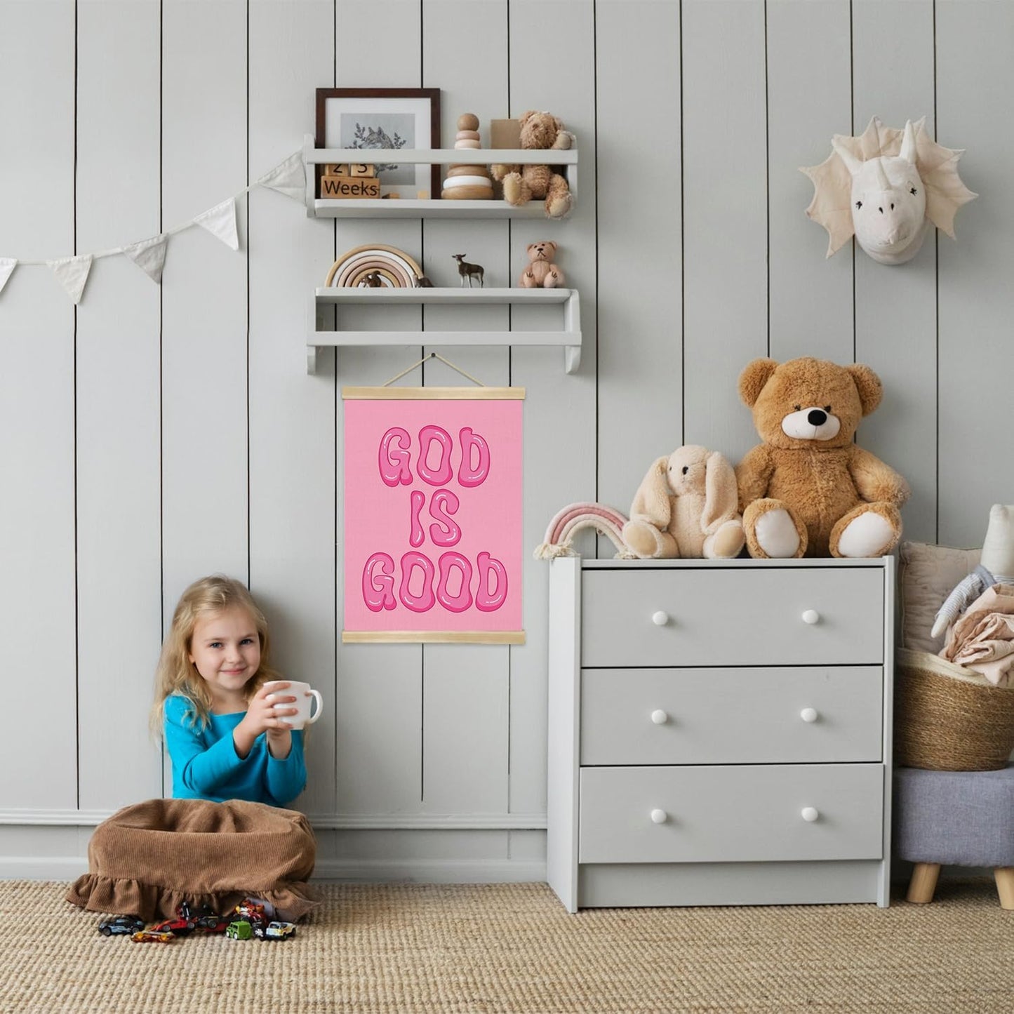 You found a duck God Is Good Wall Art Poster,Pink Bubble Letter Christian Wall Art Decor for Bedroom Nursery Playroom,Inspirational Bible Verse Canvas Hanging Poster 14x18.5Inch (LKY02)
