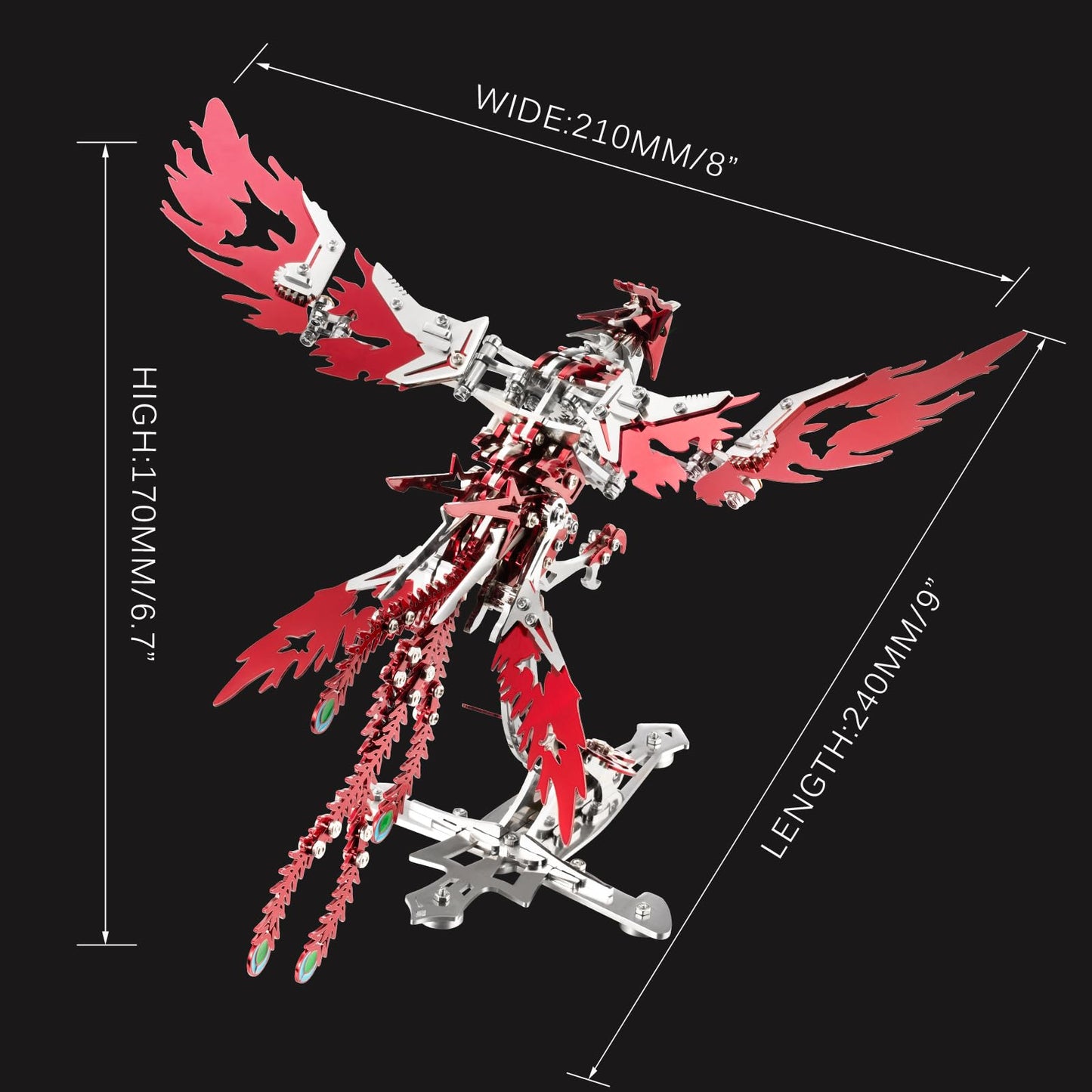 OreilleStar 3D Metal Ornithopter Puzzles for Adults Model Kits DIY Assembly Mechanical Phoenix Stainless Steel Animal Bird Toy Building Block Birthday Gifts for Men Women (Red Phoenix)
