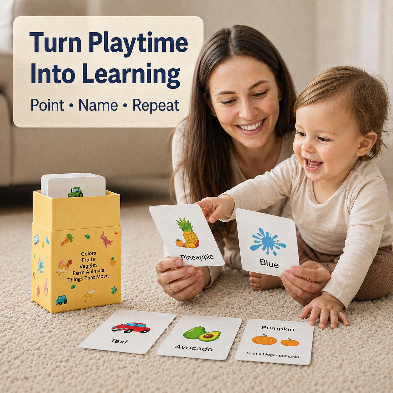 Flash Cards for Toddlers 1–3 – 55 Thick & Durable Learning Flashcards, First Words, Real-Life Images, Montessori Toy 12+ Months