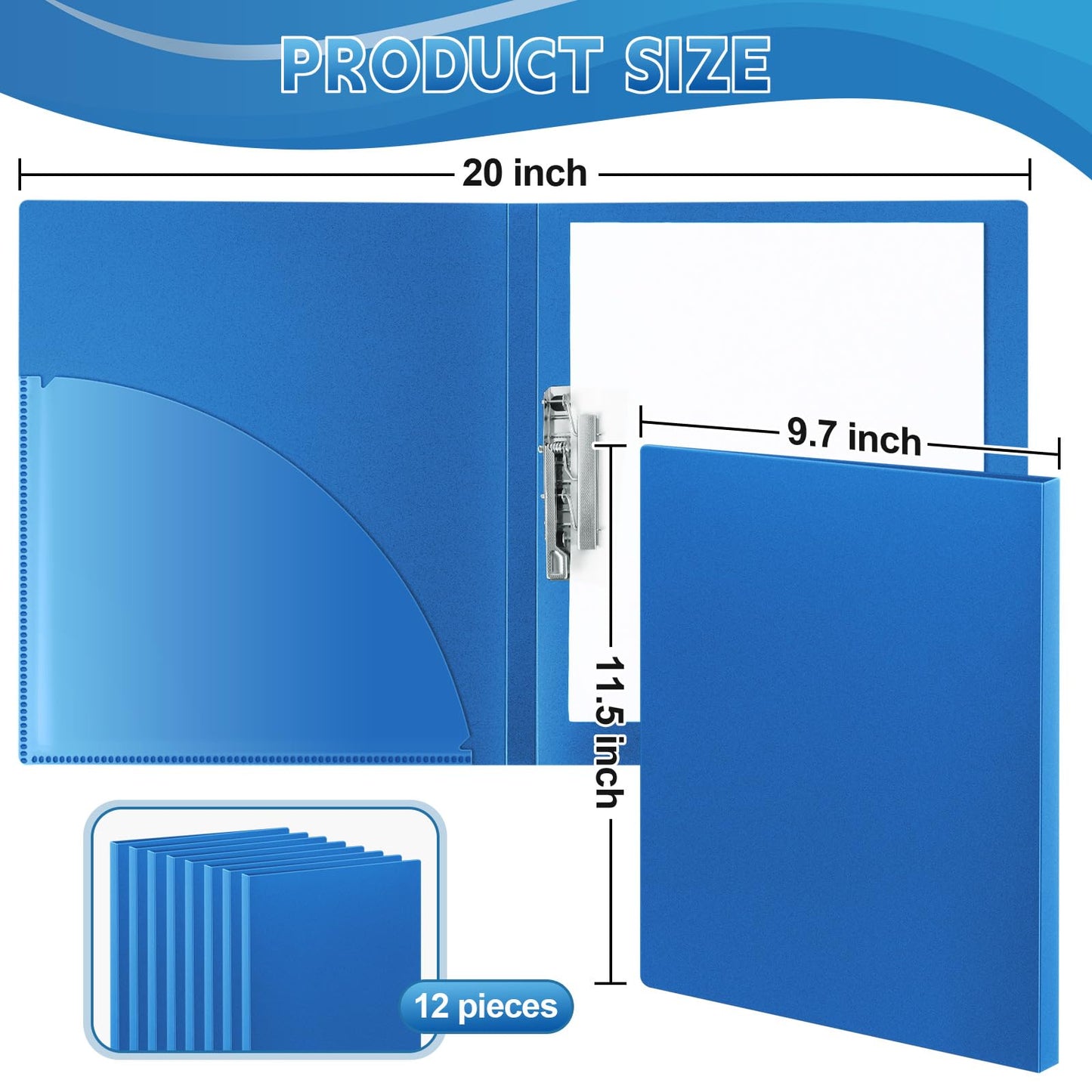 Teling 12 Pack Punchless Clamp Binder Folder 8.5 x 11 Inch Ringless Binder Holds with Pocket, Flexible Metal Clip and Poly Covers, 100 Letter Size Pages, for Work, School(Blue)