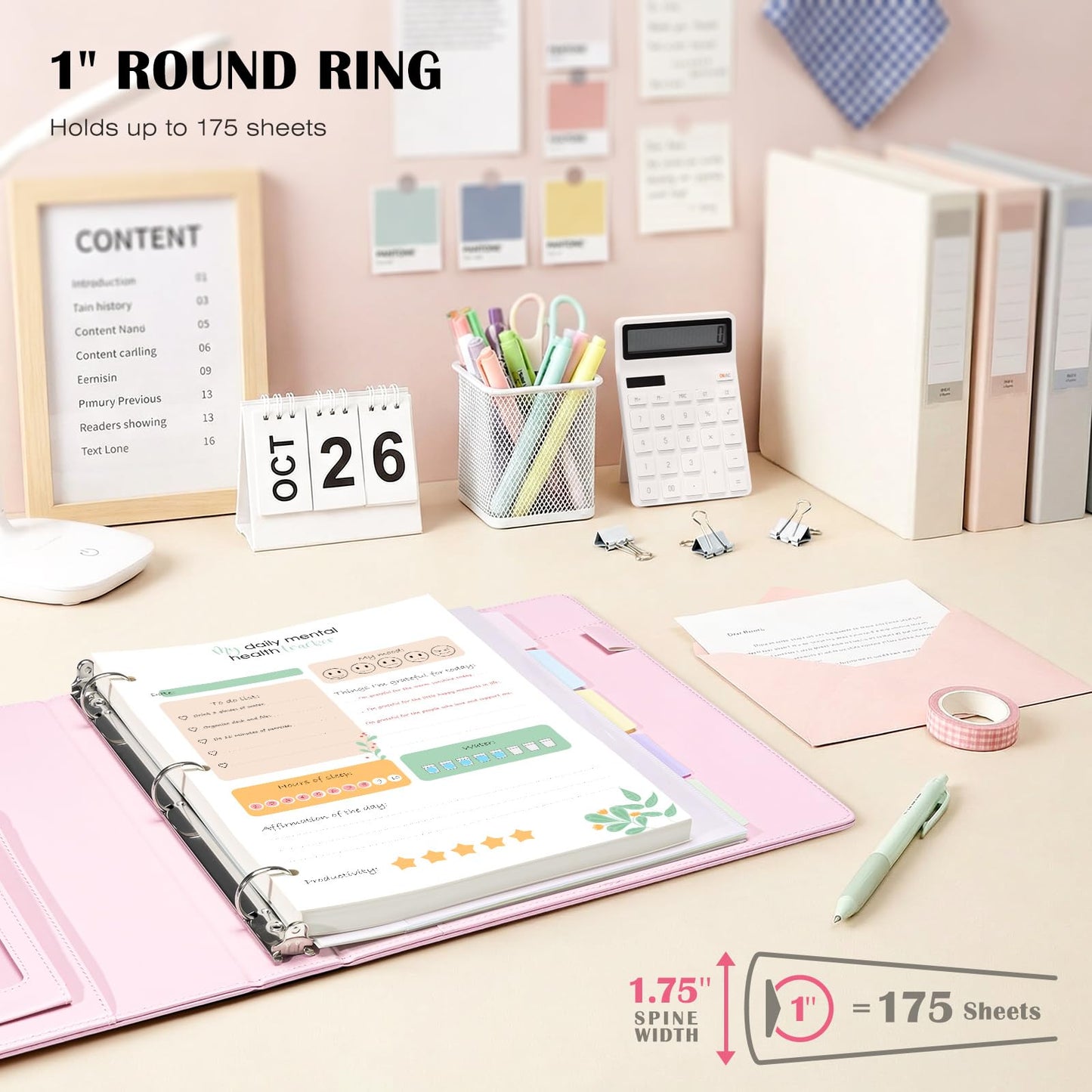Ospelelf Leather 3 Ring Binder for Letter Size Documents with PVC Pocketed Dividers, 1 Inch Round Rings, Holds 175 Sheets, Binders with Storage Bag & Notepad, for Office School Home Organization, pink