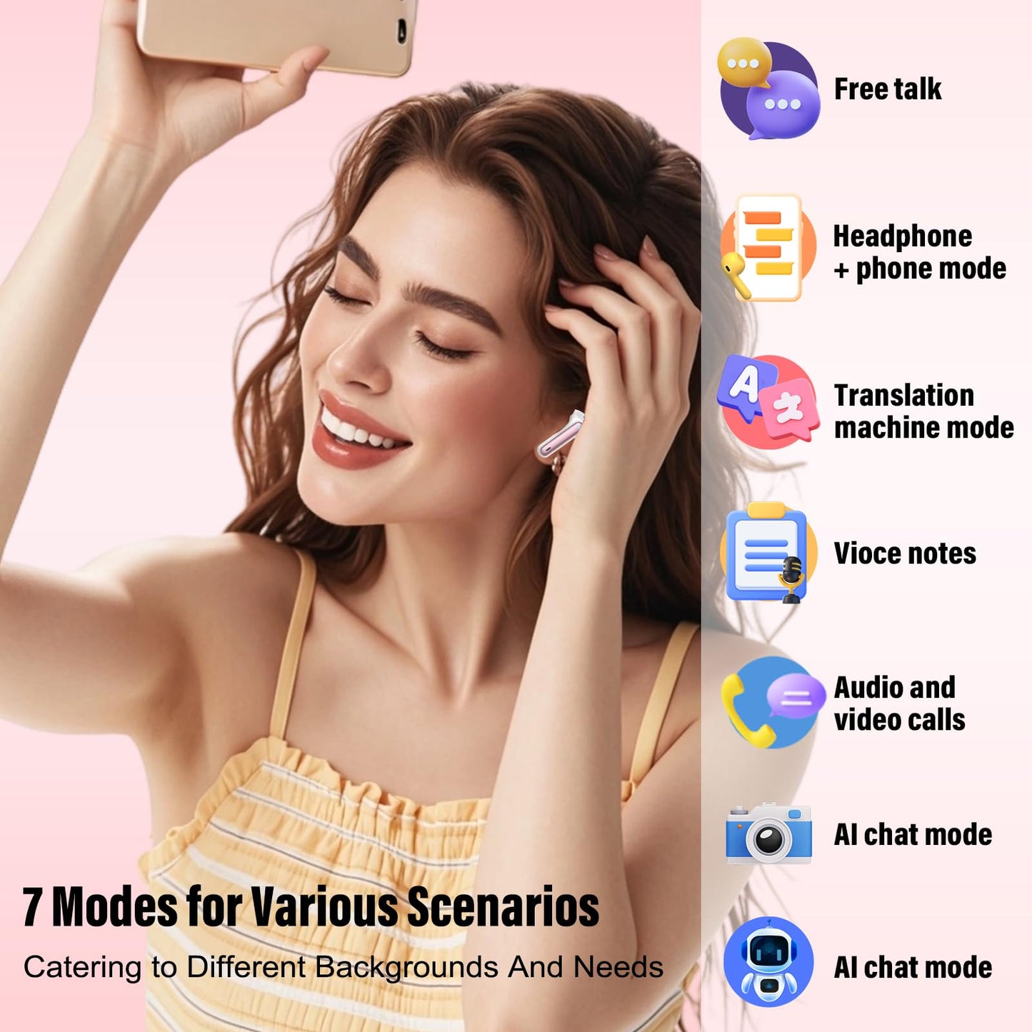 Csasan Ai Translation Earbuds Real Time,3-in-1 Buletooth 5.3 Translator Earbuds with 6 Translation Modes/164 Languages,No Subscription Required Translatior Headphones, Rose