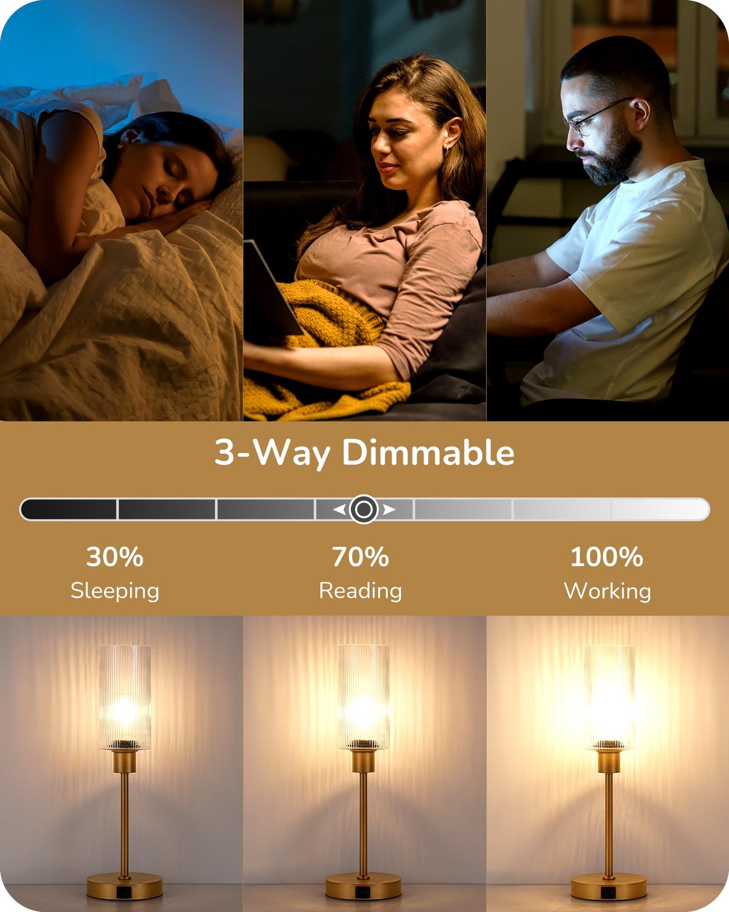 EDISHINE Glass Table Lamp - Touch Control, 3-Way Dimmable, USB C+A Ports, Striped Shade, Gold