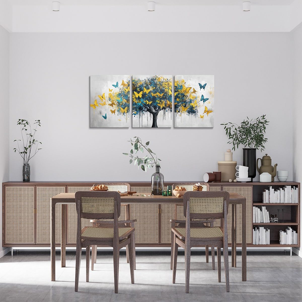 jejeloiu Blue Golden Tree Canvas Wall Art for Living Room Bedroom 12"x16"x3pcs Butterflies Picture Wall Decor for Bathroom Natural Scenery Office Decorations Artwork Posters Oil Painting Painting