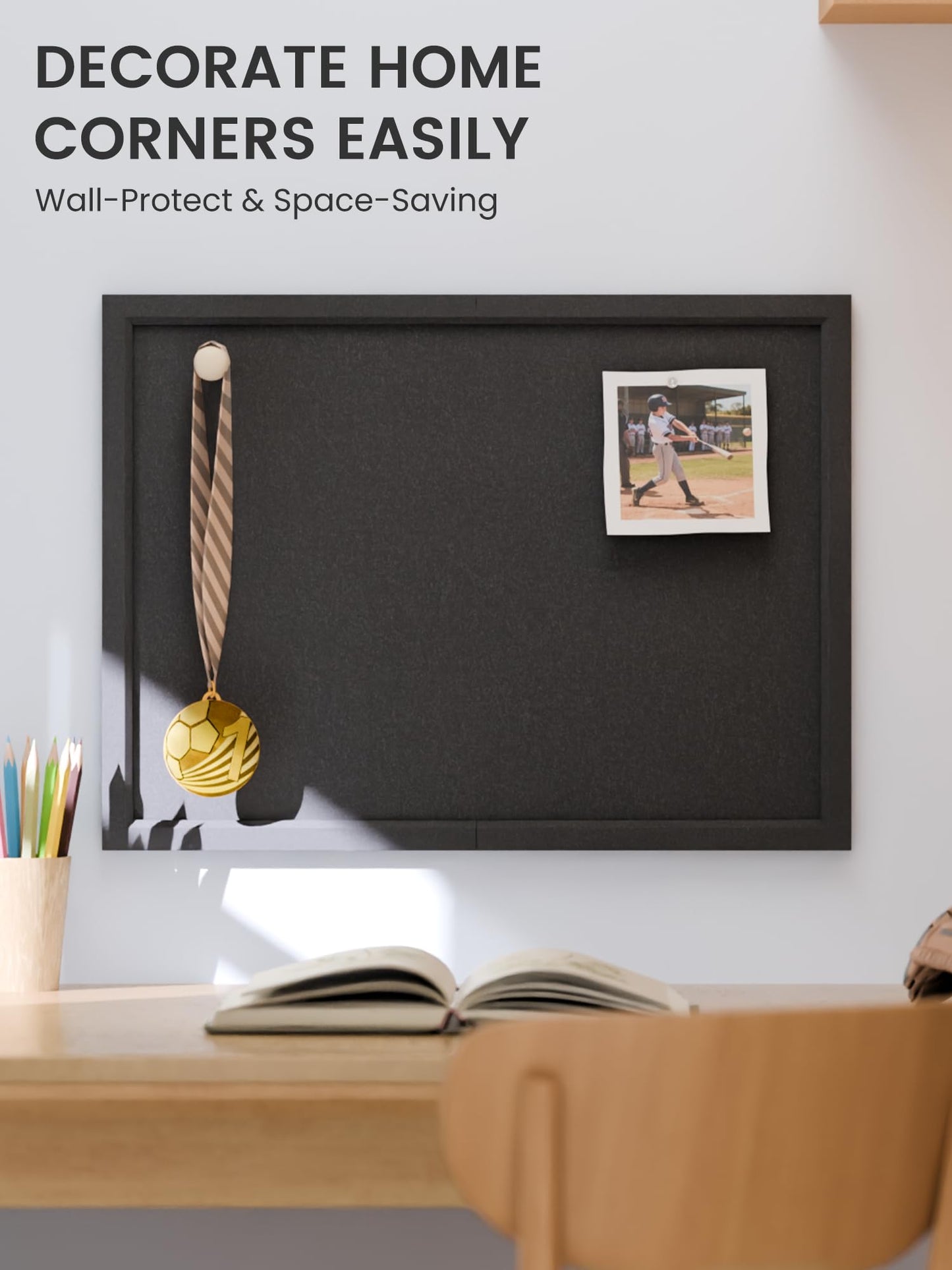 Fluxynara Foldable Cork Board Alternative, Felt Bulletin Board 23.6" x 17.5" Black Frame with 12 Adhesive Tabs, Pin Board for Home Office, Classroom, Entryway, Kitchen Wall Decor—Black