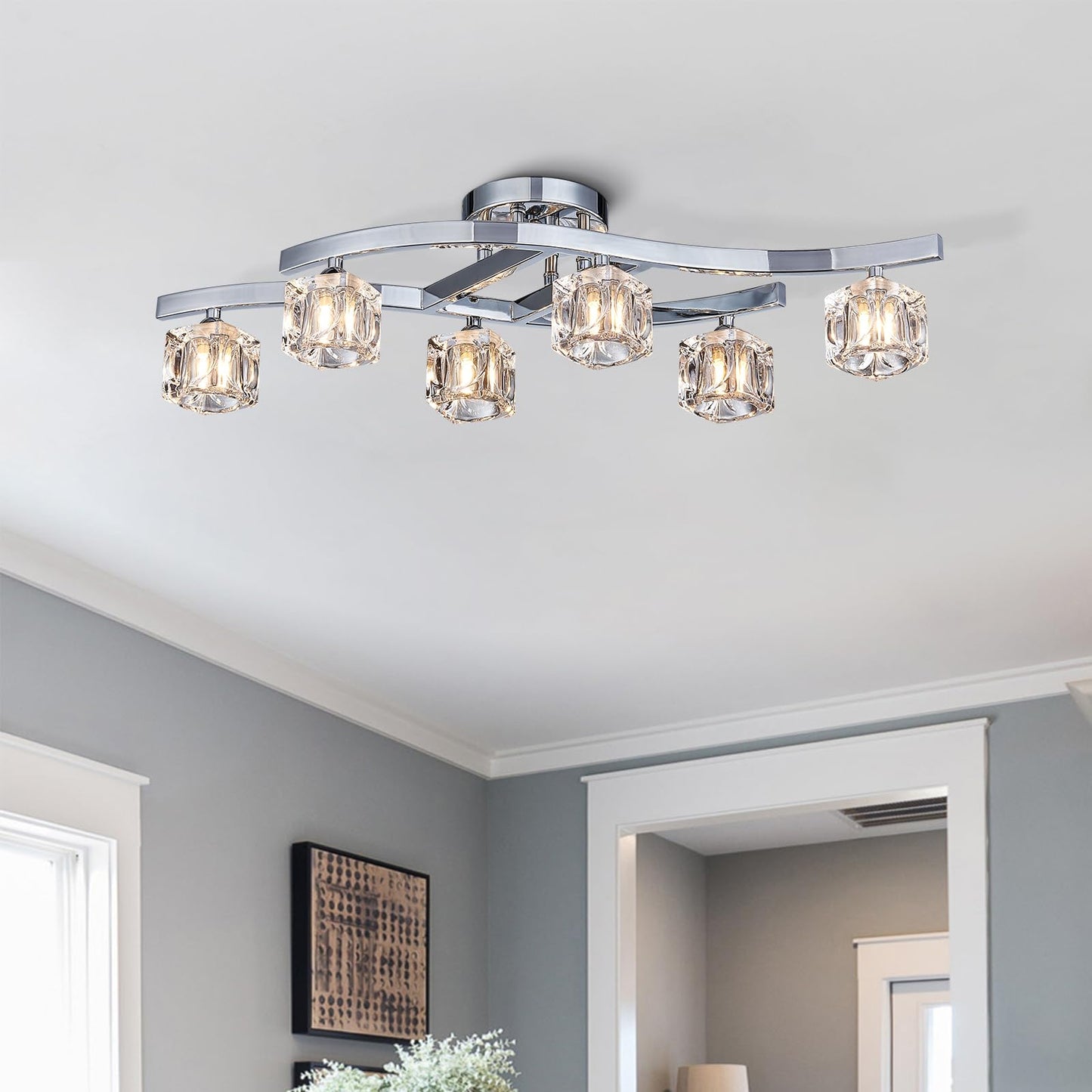 Bestier 6-Light Chrome Flushmount Chandelier, 30.5in L x 10in W x 7.5in H, Modern Elegant Glass Crystal Design, Model AK-AJ-