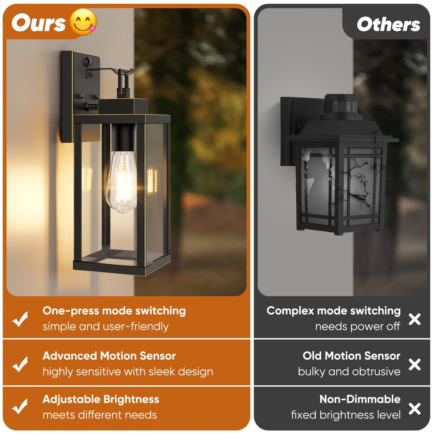 BesLowe Motion Sensor Outdoor Wall Lights, Dusk to Dawn, 14in, Bronze, 2-Pack, Model A927S, Metal Sconces for Porch and Exterior Use