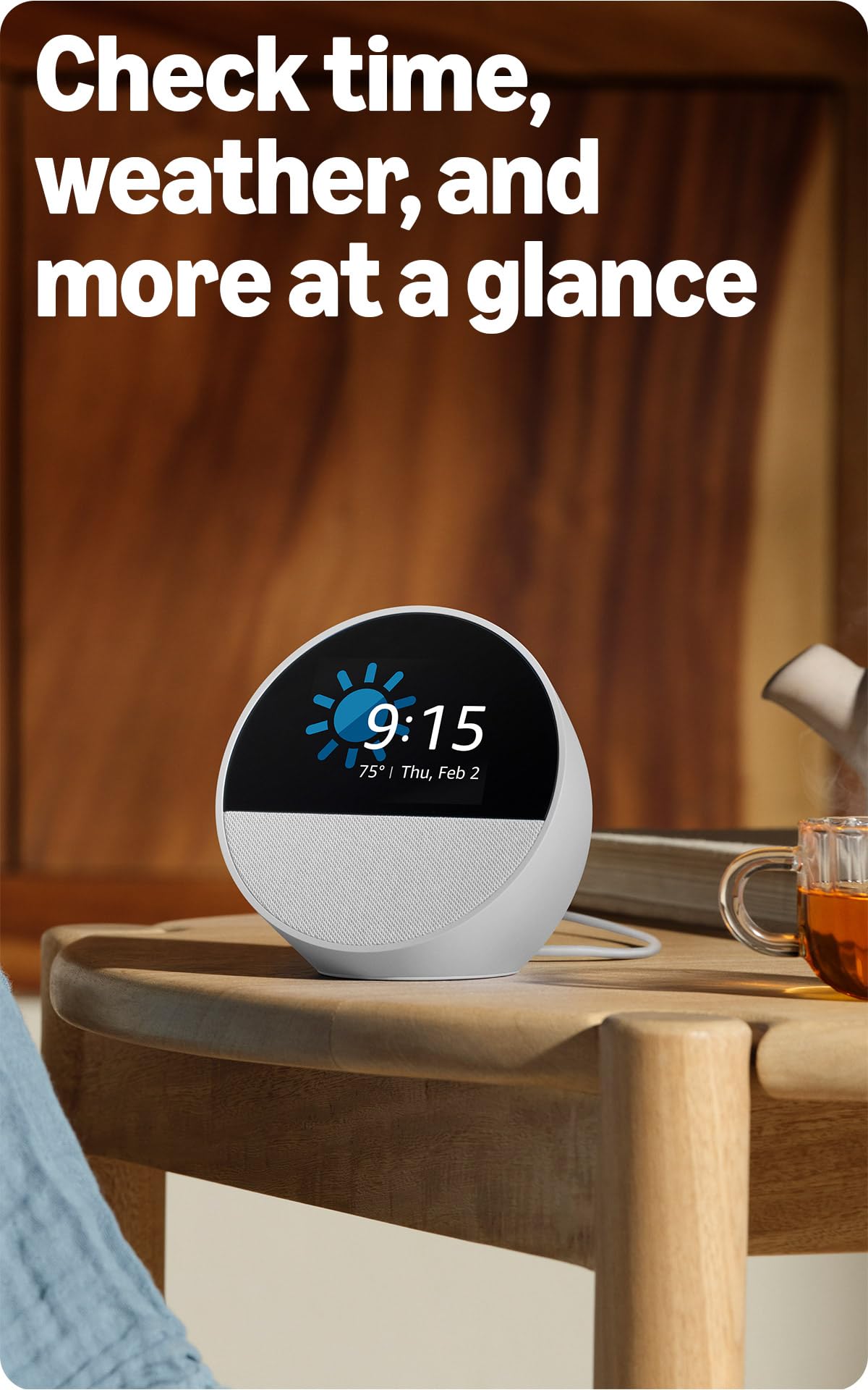 Like-New Amazon Echo Spot (newest model), Great for nightstands, offices and kitchens, Smart alarm clock, Designed for Alexa+, Glacier White