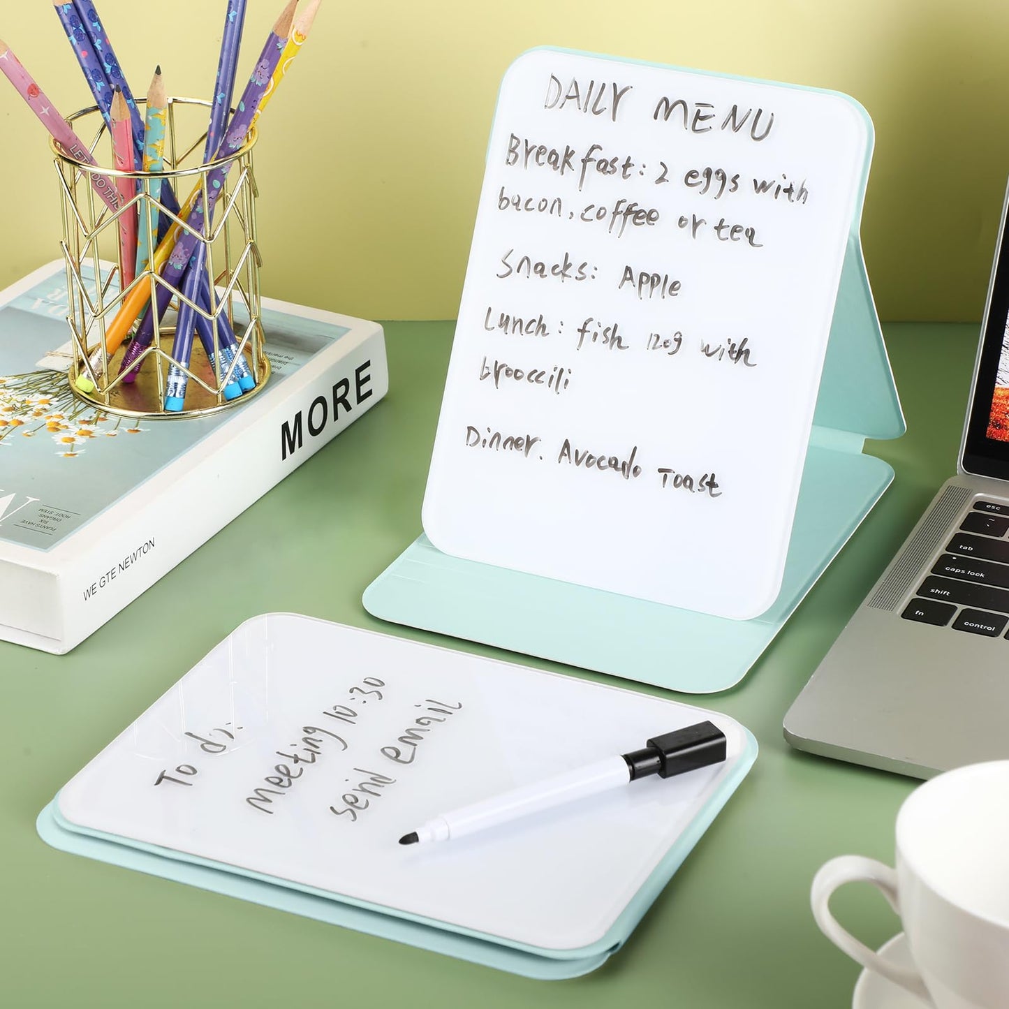 Dunzoom 2 Sets 4 Pcs Small Glass Desktop Whiteboard with Reversable Stand 8x6 Inch Mini Dry Erase White Board Easel with 2 Markers Reusable Desk Notepad for Home Office School Supplies (Green)