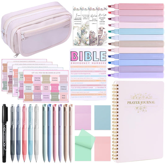 XKDOUS Bible Study Supplies Journaling Kit for Women, Bible Study Kit, 12 Pastel Highlighters and 12 Pens No Bleed, 75 Laminated Tabs, Prayer Journal Pencil Case and More, Beige
