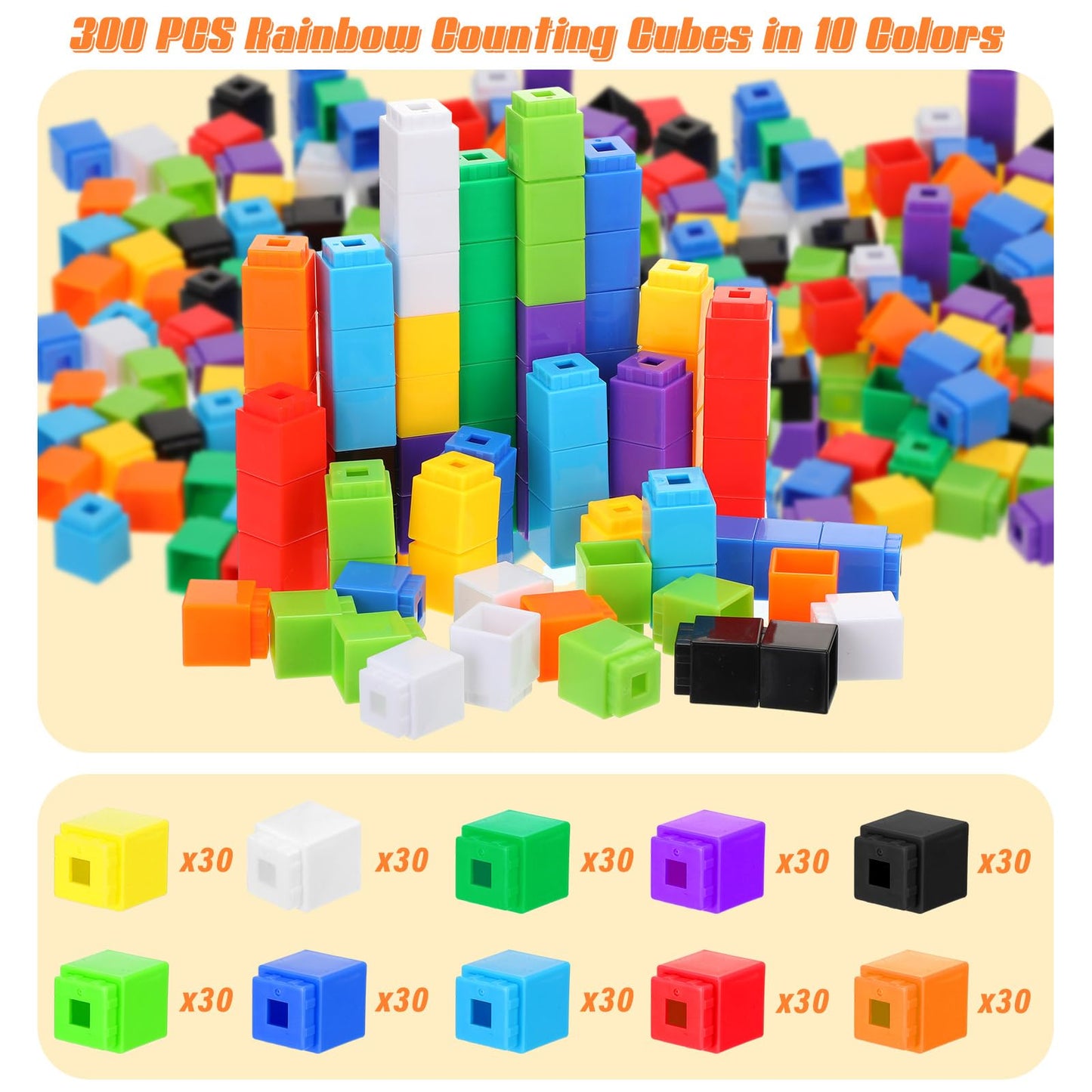Jenaai 300 Pcs Counting Cubes, Plastic Connecting Blocks, Colorful Math Cubes, Math Manipulatives Classroom Learning Supplies, Preschool Learning Materials, Counting Toys (Simple Style)