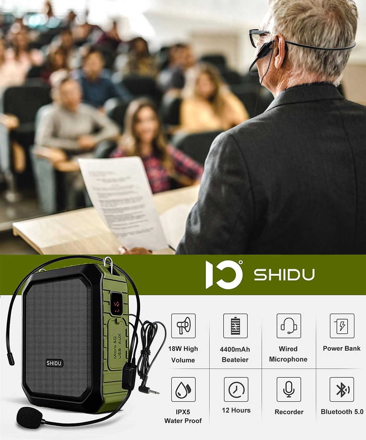 SHIDU Voice Amplifier for Teacher with Portable Microphone and Speaker, 18W Megaphone with Wired Mic Headset, IPX5 Waterproof & Rechargeable Bluetooth Speaker Systems for Tour Guide (NOT Wireless)