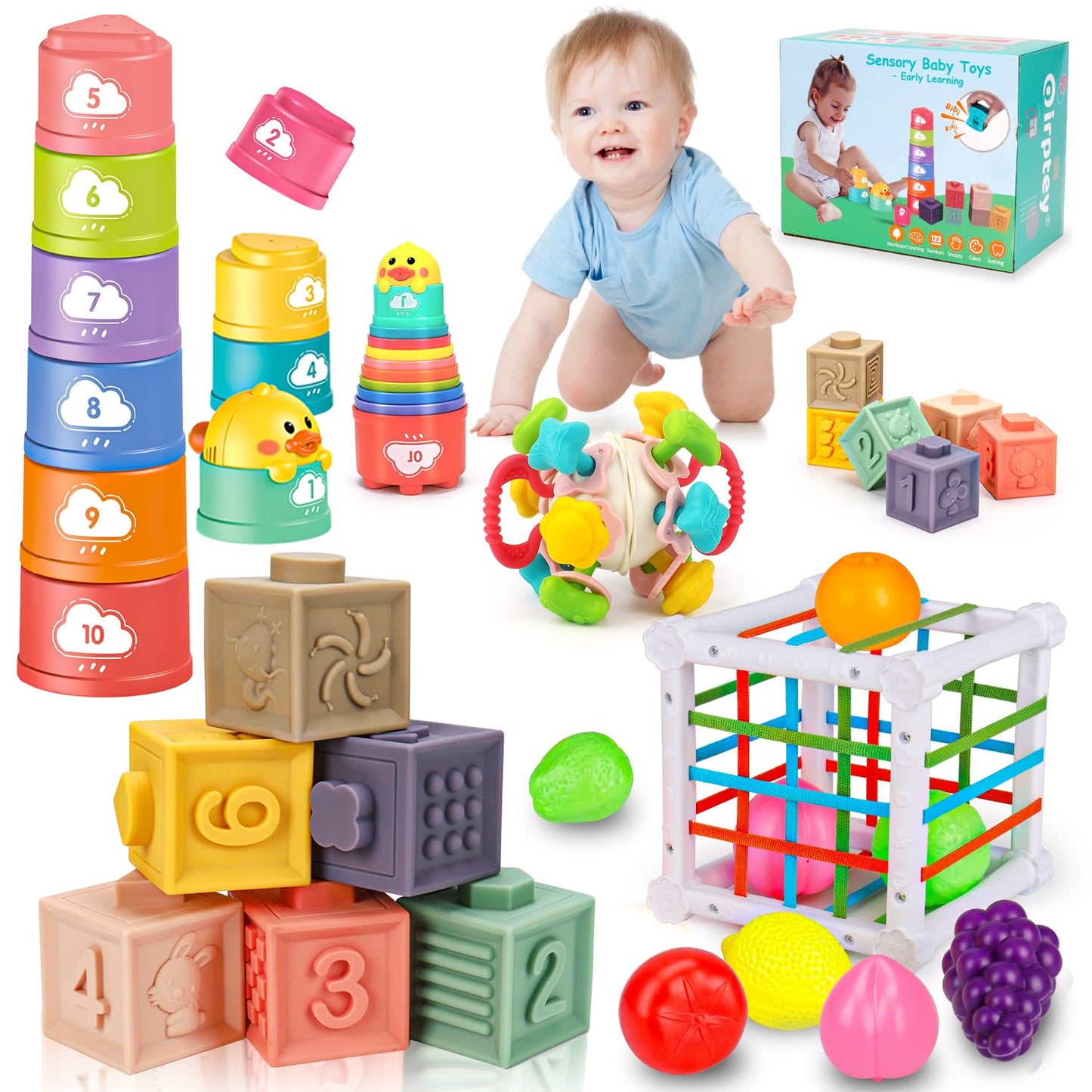 Montessori Baby Toys 6-12-18 Month, Infant Teething Toys Shape Sorter Bin Stacking Cups Blocks for toddlers 1-3, Sensory Educational Learning Toy for 6 7 8 9 10 Month Old Girl Boy 1 2 Year Old Gifts