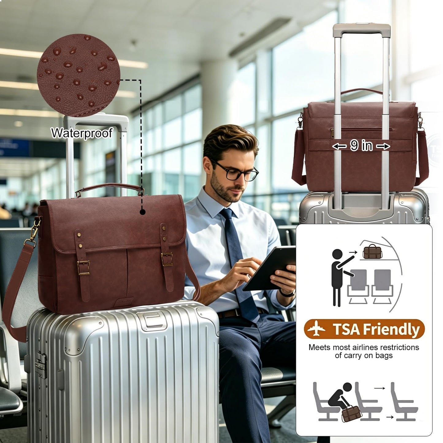 Leather Messenger Bag for Men, 15.6in Laptop Briefcase Vintage Waterproof Laptop Bag Shoulder Bags Satchel Office Bag(Dark Brown)