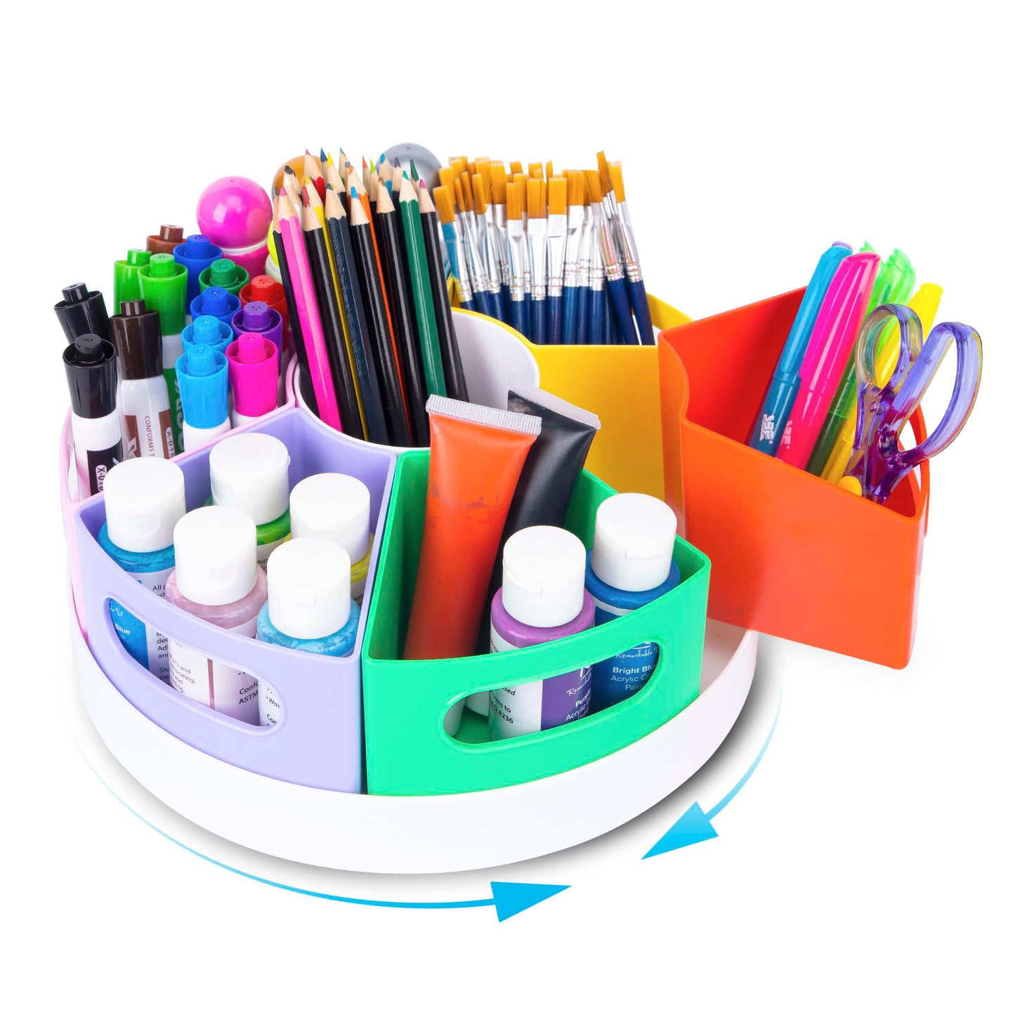 CraftGenes Art Supply Organizer, Extra Large 360 Degree Rotating Pencil Caddy with 7 Removable Compartments, Rainbow Marker Organizer and Craft Caddy for Kids, Teachers, Classroom, School