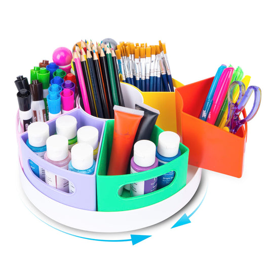 CraftGenes Art Supply Organizer, Extra Large 360 Degree Rotating Pencil Caddy with 7 Removable Compartments, Rainbow Marker Organizer and Craft Caddy for Kids, Teachers, Classroom, School