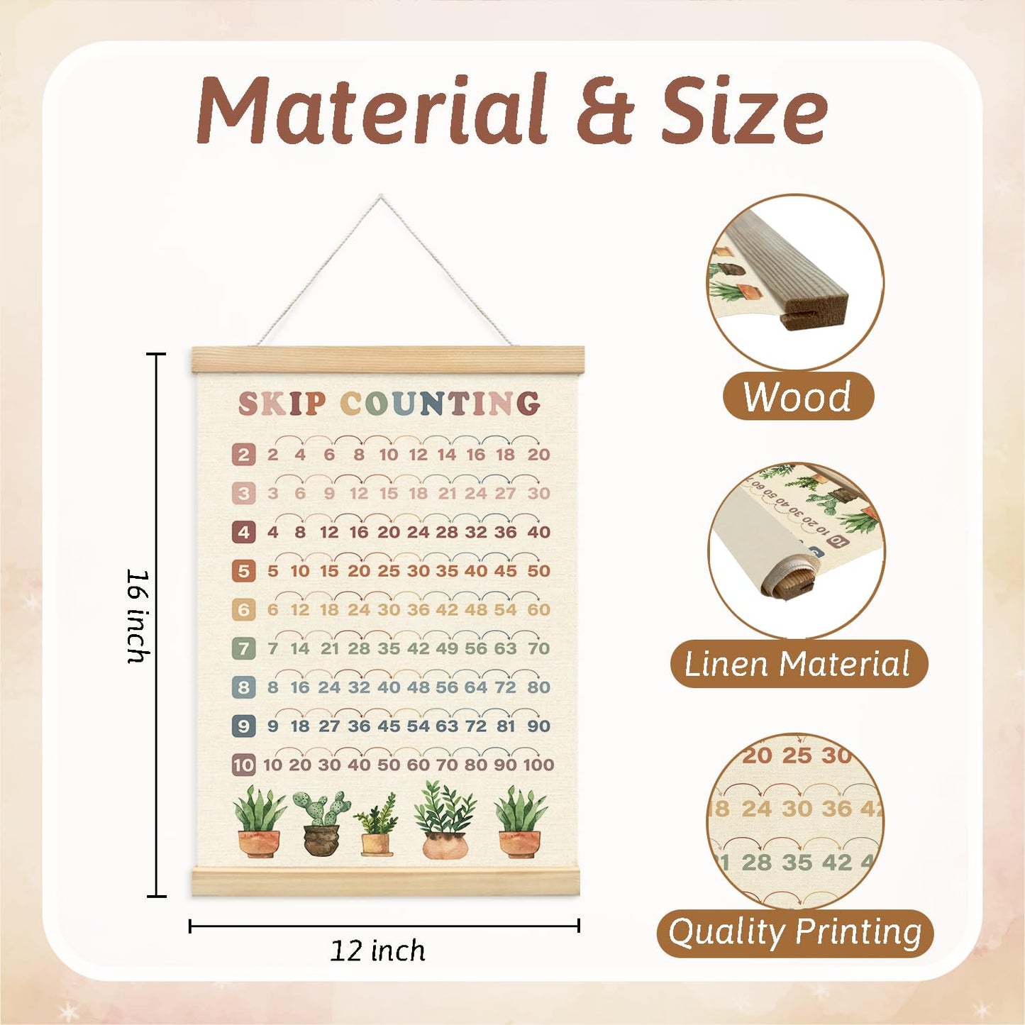 Lacama Skip Counting Chart Educational Math Wooden Poster Hanger Plant Classroom Decor, Multiplication Chart Homeschool Organization Math Posters, Times Table Charts For Grade School Classroom Posters