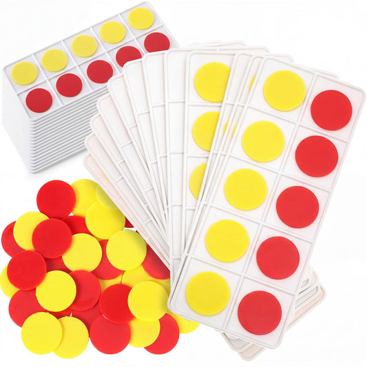 Soulchen 48 Sets Plastic Ten Frames for Classroom Math Manipulatives for Kids Classroom Math Counters Supplies Including 48 Plastic Ten Frames, 480 Counters for Teach Number Concepts (Red, Yellow)