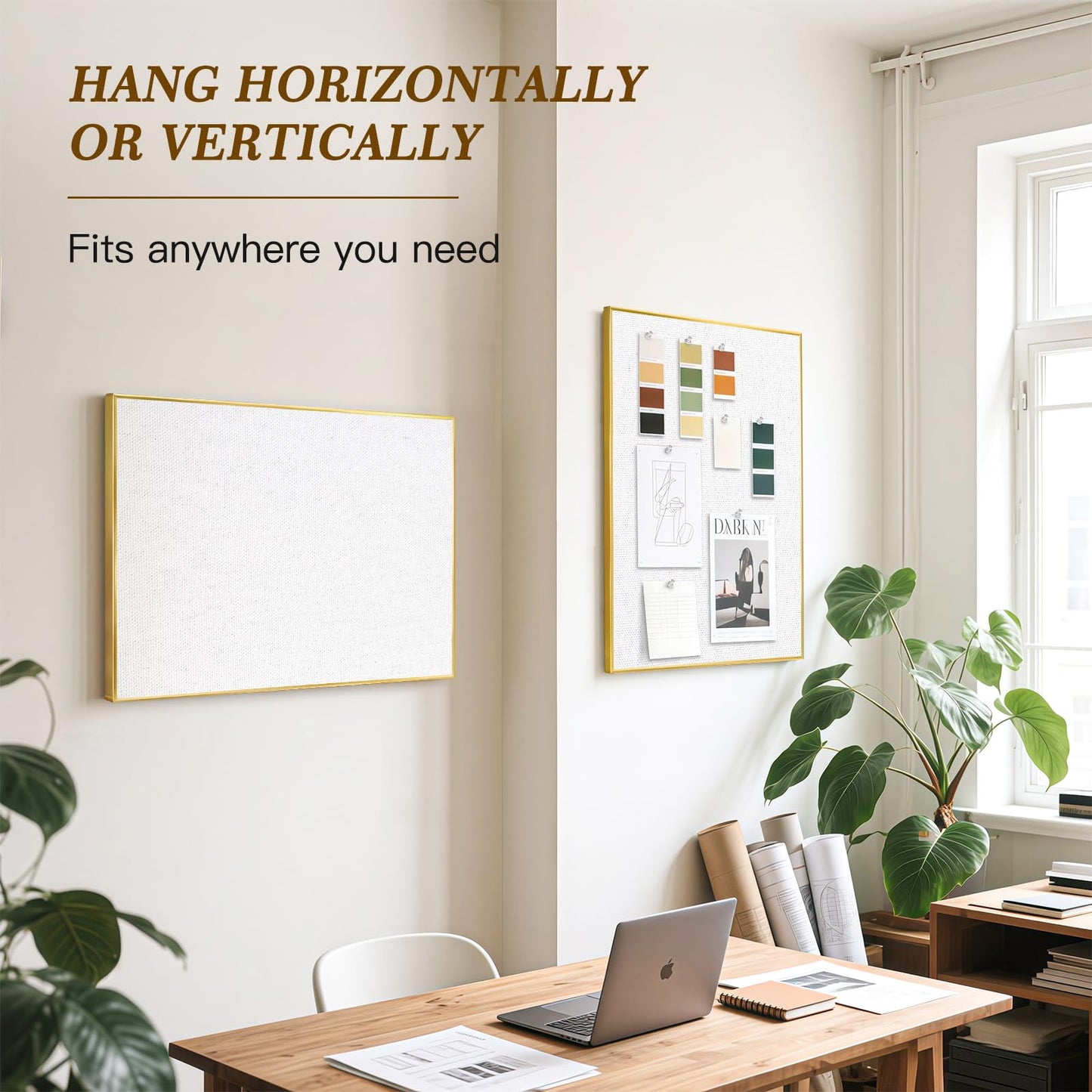 QUEENLINK Linen Bulletin Board 36" x 24", White Fabric Pin Board with Gold Aluminum Frame, Decorative Vision Board for Home Office, Bedroom & Dorm Wall Decor, Includes 10 Push Pins