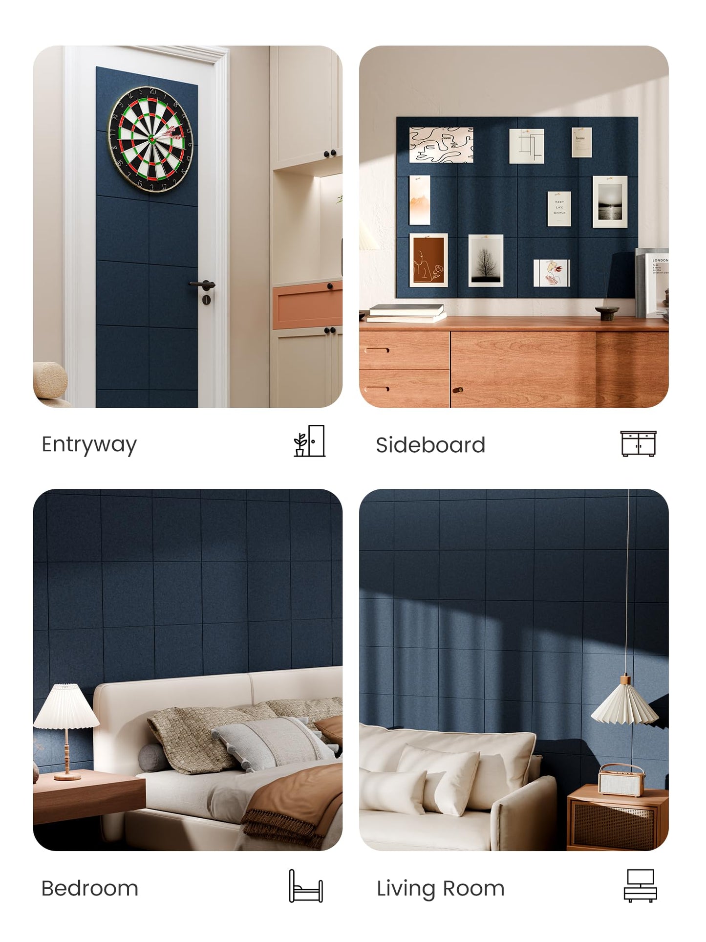 Bumusty Large Cork Board 48" x 36" Alternative - 12 Pack Felt Wall Tiles with 70 Safe Removable Adhesive Tabs, 30 Pushpins, Cork Boards for Walls Pin Board Bulletin Board Office Decor (Navy Blue)
