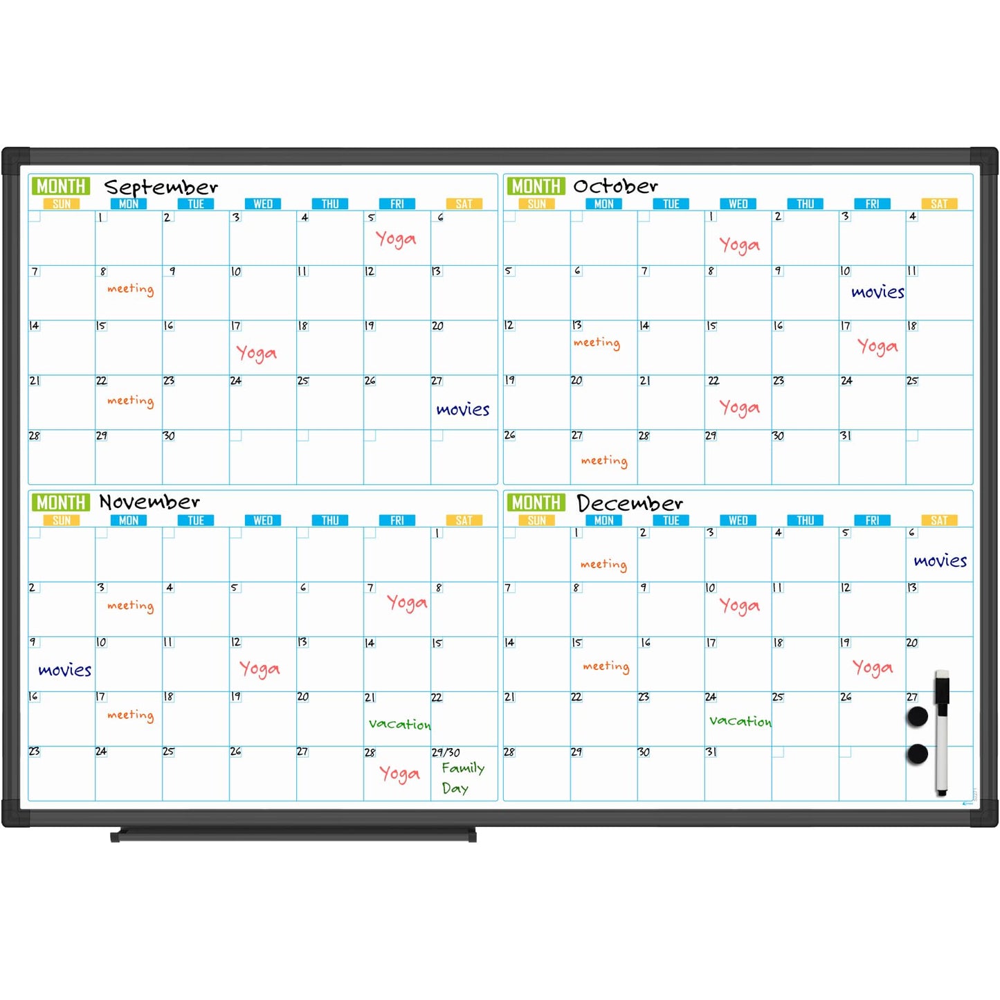 Lockways 36" x 24" Magnetic Dry Erase Calendar Whiteboard - 4-Month Framed Planner with Aluminum Frame,Wall Mountable Office/Home/School Organization Board for Messages, Presentations & Memos