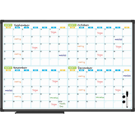 Lockways 36" x 24" Magnetic Dry Erase Calendar Whiteboard - 4-Month Framed Planner with Aluminum Frame,Wall Mountable Office/Home/School Organization Board for Messages, Presentations & Memos