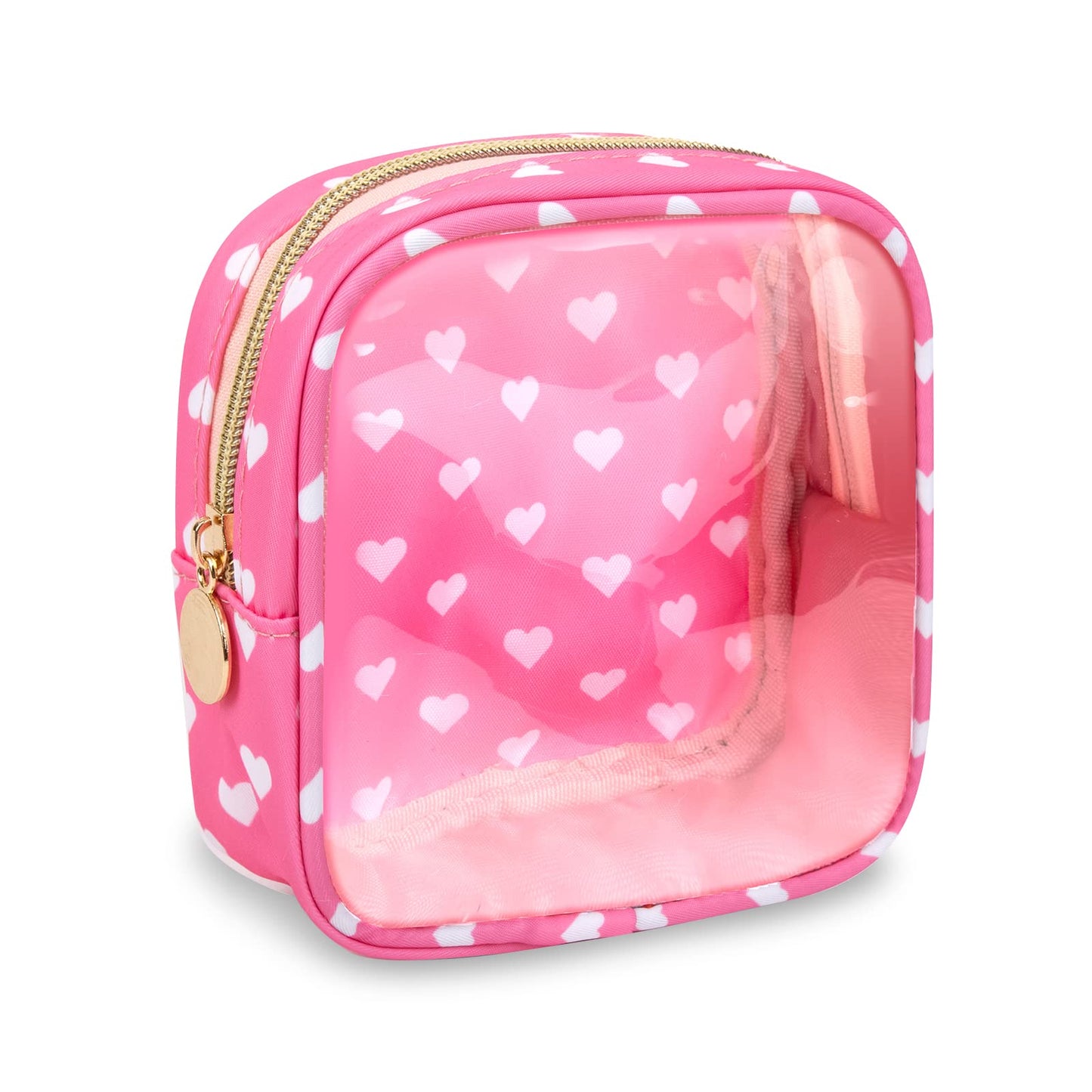 UIXIZQ Clear Mini Makeup Bag for Purse, Small Nylon&PVC Cosmetic Travel Bag TSA Approved Toiletry Bag with Zipper, Preppy Transparent Makeup Travel Bag Coin Purse for Women Men Girls(Mini-Pink Heart)