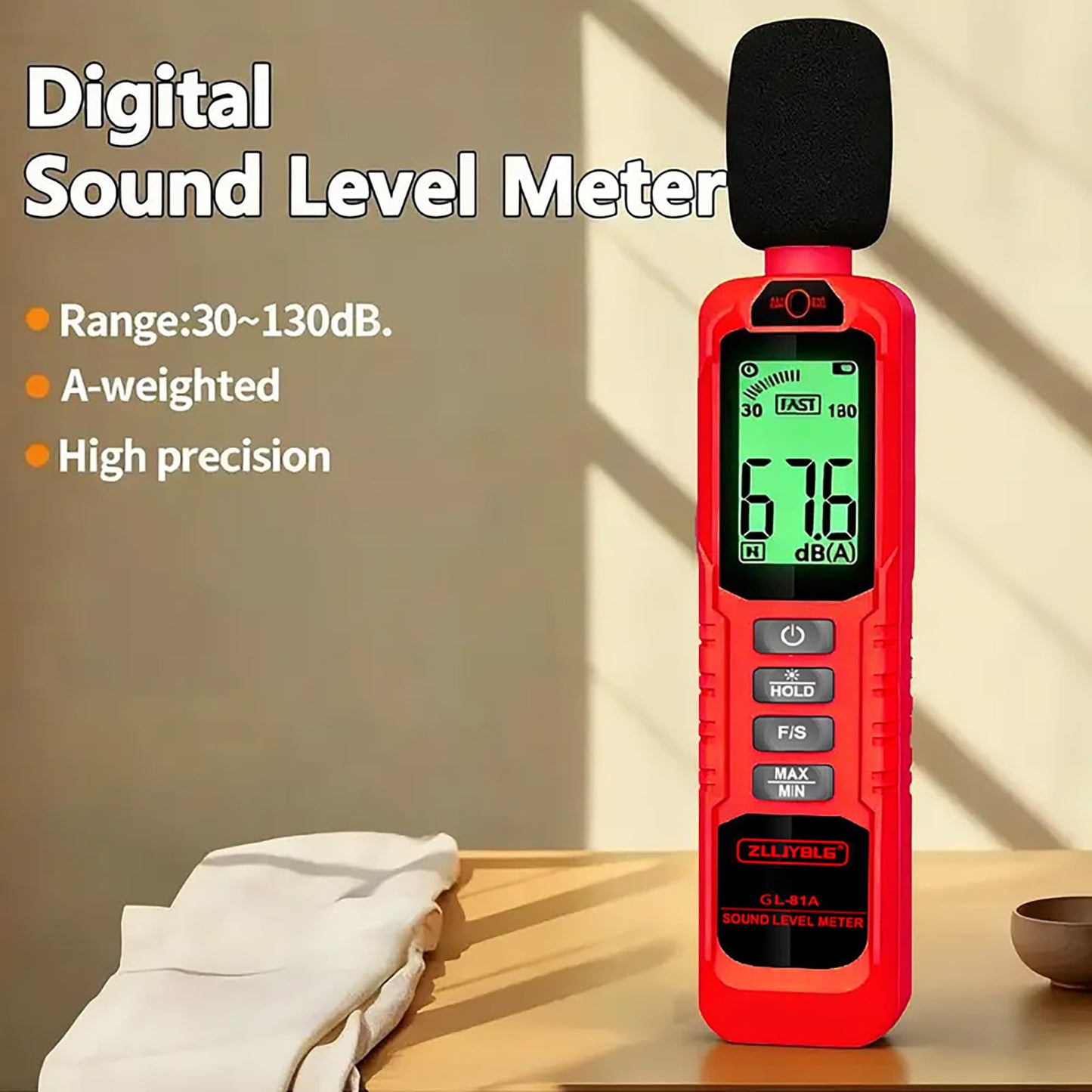 ZLLJYBLG GL81A Decibel Meter, 30-130dB Digital Sound Level Meter with A-Weighted, Fast/Slow Response, Max/Min Hold, Backlit Display, Noise Tester for Home, Work, Factory, Classroom（Red）