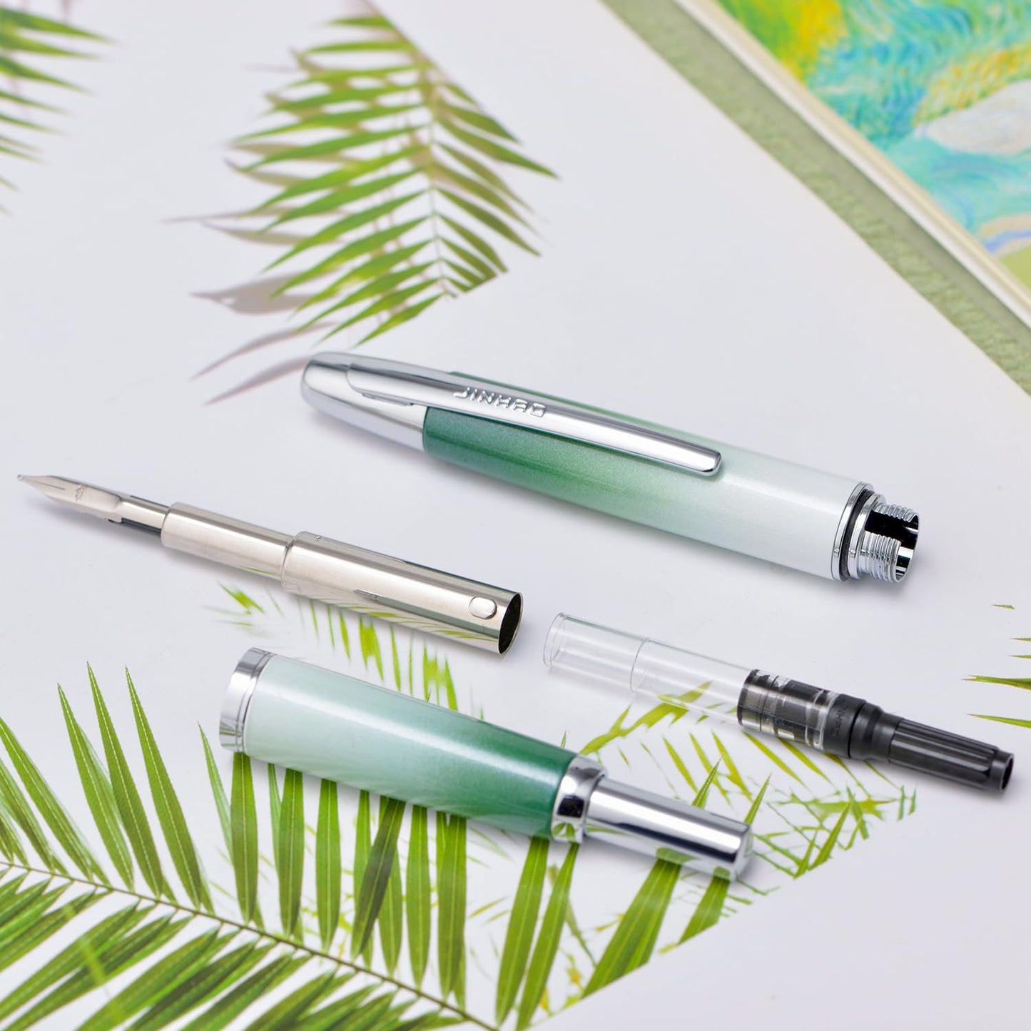Jinhao 10 Press Fountain Pen with Box, Gradient Grass Green Retractable Extra Fine Nib with Ink Converter Set (Silver Clip)