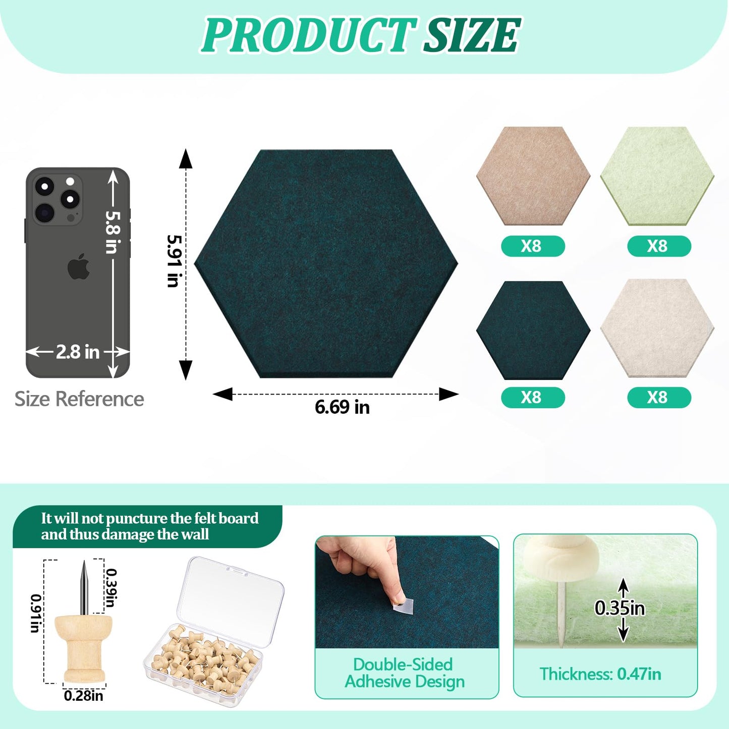 Mindsoft 32 Pcs 6'' x 7'' Hexagon Felt Cork Board Tiles with 50 Wooden Push Pins, Felt DIY Bulletin Board with 4 Tape for Office School Home Wall Decor Stickers Memos Photos Display