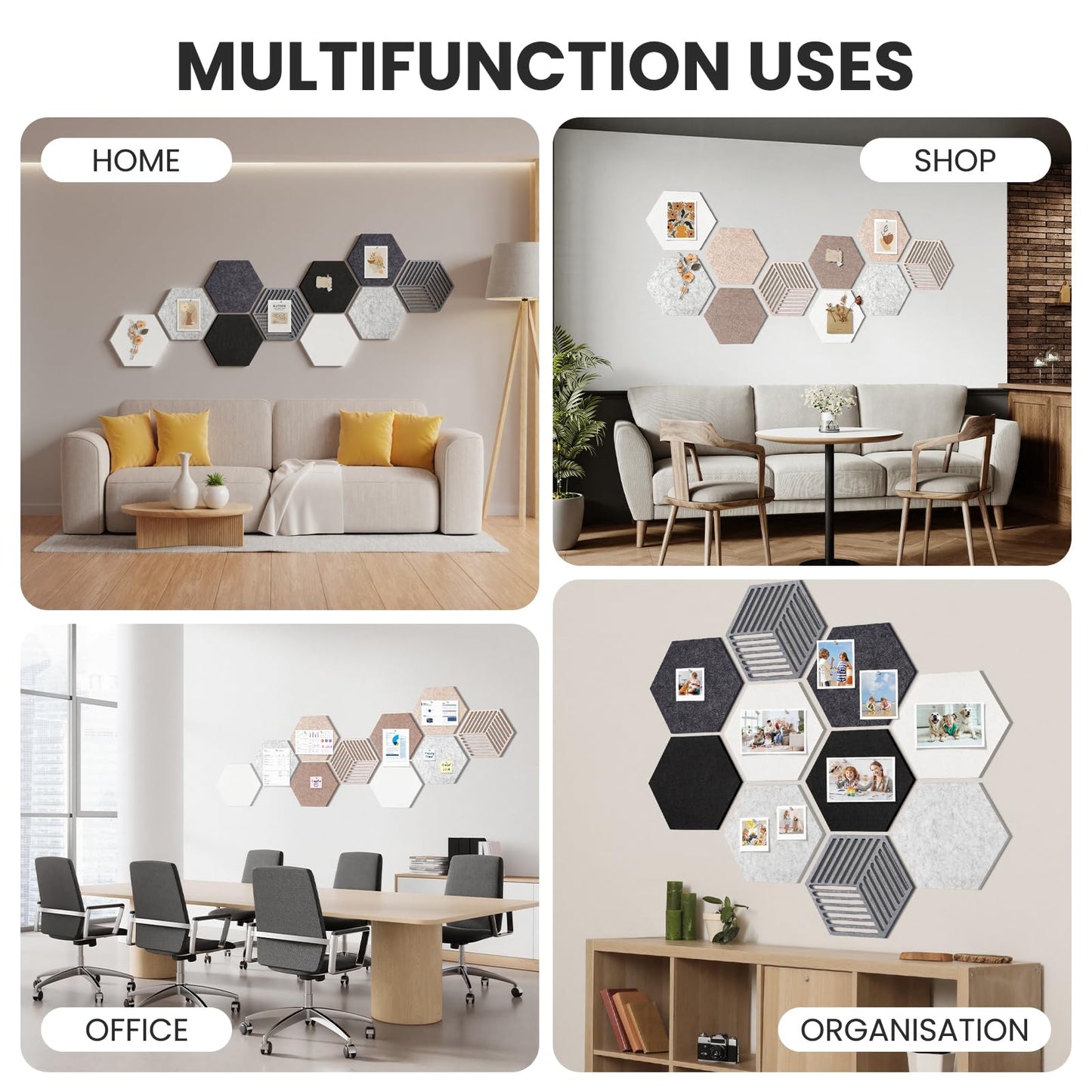 Hexagon Cork Bulletin Boards for Walls Decor, 10 Pack Felt Board Tiles with 25 Push Pins, Photo Display Board for Office & Home Classroom DIY Decor