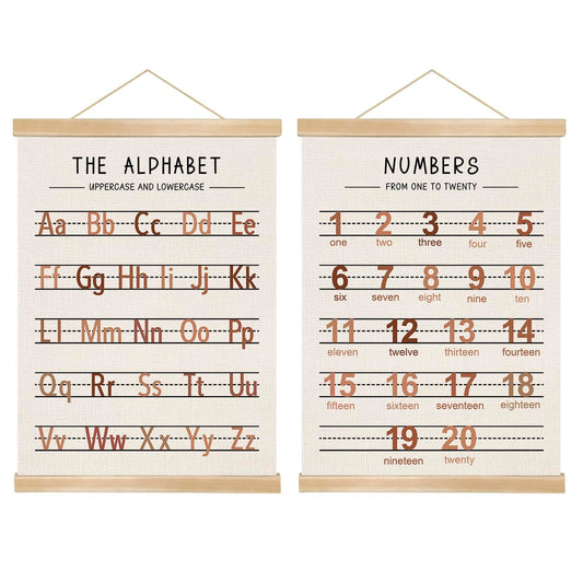 Alphabet and Numbers Wall Chart Set of 2 ,Nursery Educational Canvas Posters,Alphabet and 1-20 Number Learning Banners for Toddlers, Preschool Classroom, Homeschool, Playroom,Kids Room Decor 14 x 18.5 Inch (Brown)
