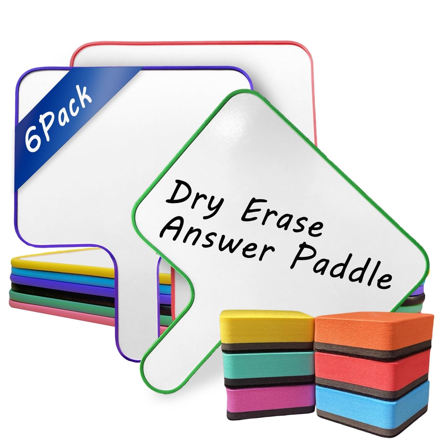 6 Pack Dry Erase Answer Paddles 10''x 8'' - Double Sided Handheld Mini Whiteboards with 6 Colorful Erasers Voting Auction Boards Small Writing Board for Office Classroom Teacher Supplies and Games