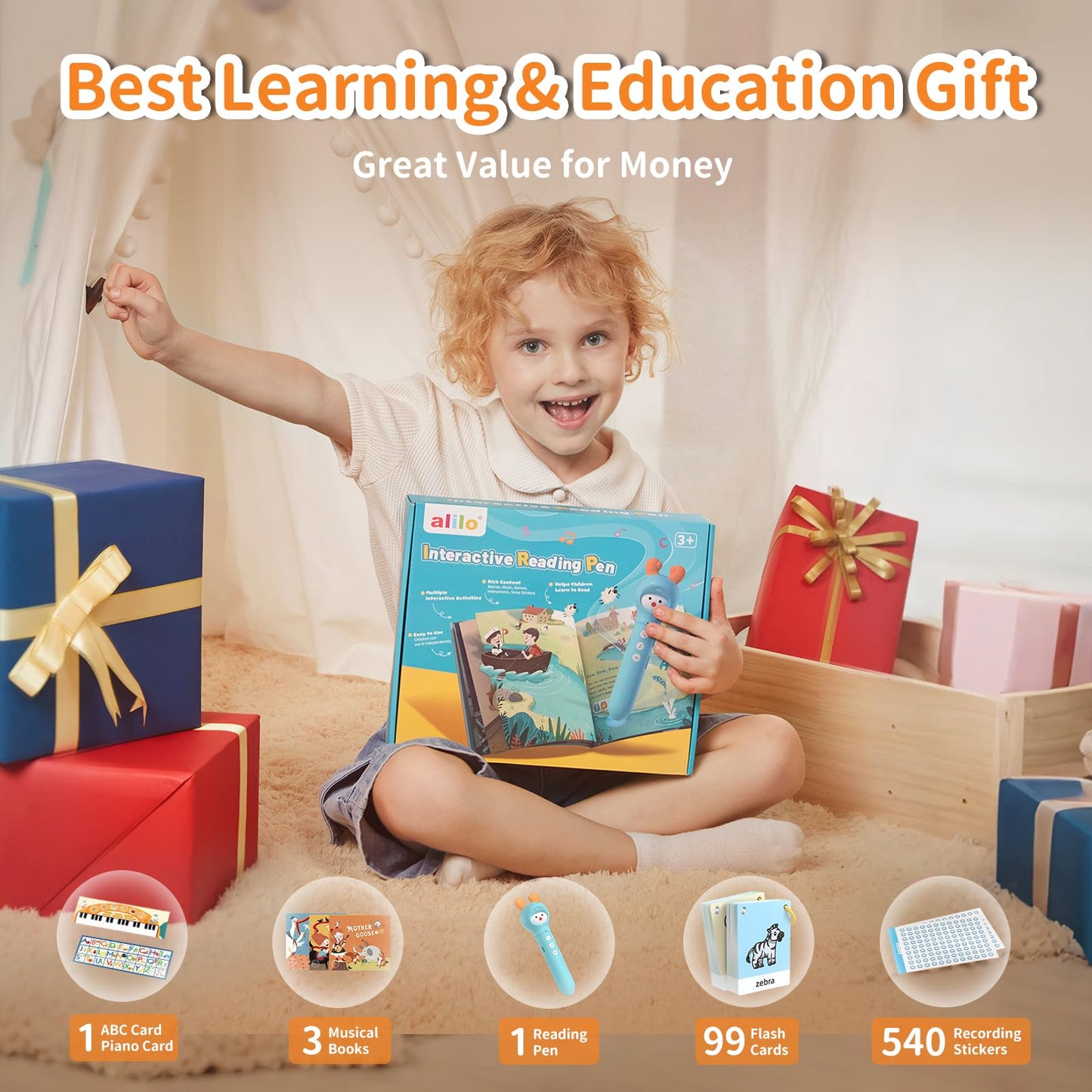 alilo Talking Pen Books Sets for Toddlers 3-6, Kids Learning Electronic Toys, with 3 Interactive Audio Sound Books, 100 Talking Flash Cards, Early Educational Gifts for Boys Girls (16GB Storage)